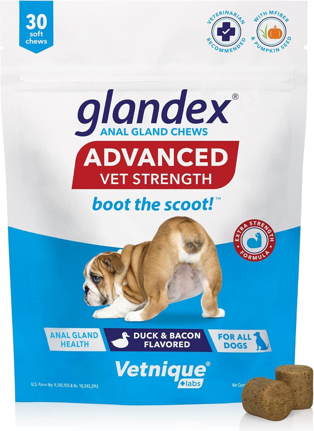 imageGlandex Anal Gland Hygienic Pet Wipes 100 Ct Advanced VetStrength Chews 30 Ct Bundle Dog Cleaning Wipes with Fresh Scent VetStrength Anal Gland Supplement for Dogs with Extra Fiber