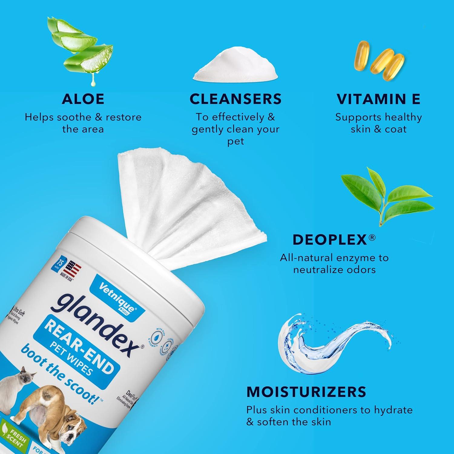 imageGlandex Anal Gland Hygienic Pet Wipes 100 Ct Advanced VetStrength Chews 30 Ct Bundle Dog Cleaning Wipes with Fresh Scent VetStrength Anal Gland Supplement for Dogs with Extra Fiber