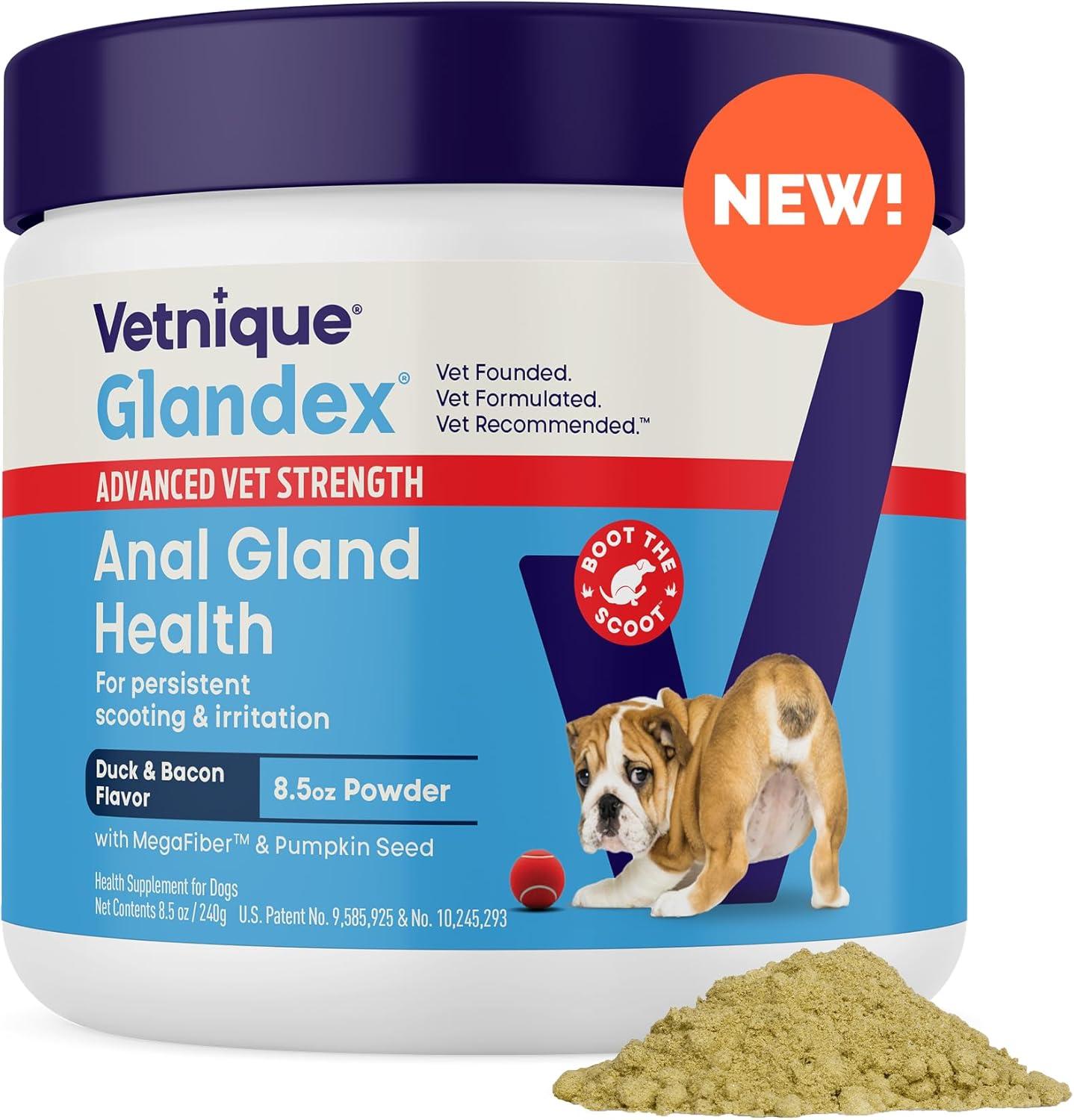 imageGlandex Dog Fiber Supplement Powder for Anal Glands with Pumpkin Digestive Enzymes ampamp Probiotics  Vet Recommended Regular or Advanced Strength  Boot The Scoot 55 oz Vegan SalmonAdvanced Strength Duck  Bacon
