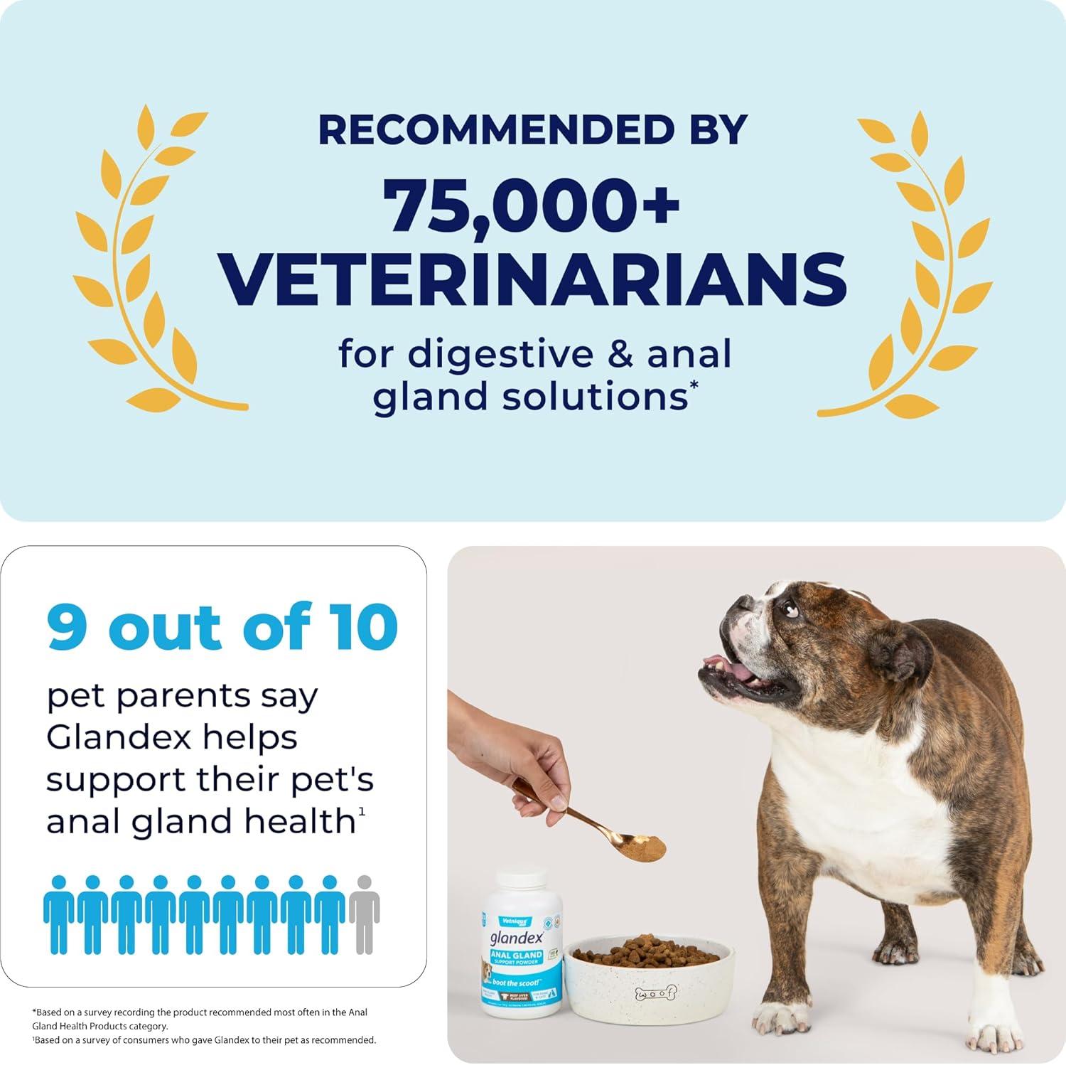 imageGlandex Dog Fiber Supplement Powder for Anal Glands with Pumpkin Digestive Enzymes ampamp Probiotics  Vet Recommended Regular or Advanced Strength  Boot The Scoot 55 oz Vegan SalmonVegan Salmon