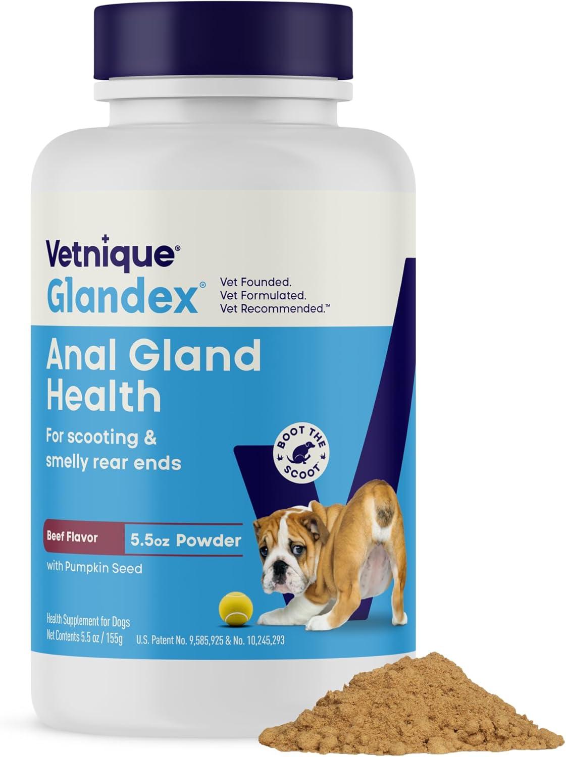 imageGlandex Dog Fiber Supplement Powder for Anal Glands with Pumpkin Digestive Enzymes ampamp Probiotics  Vet Recommended Regular or Advanced Strength  Boot The Scoot 55 oz Vegan SalmonBeef Liver