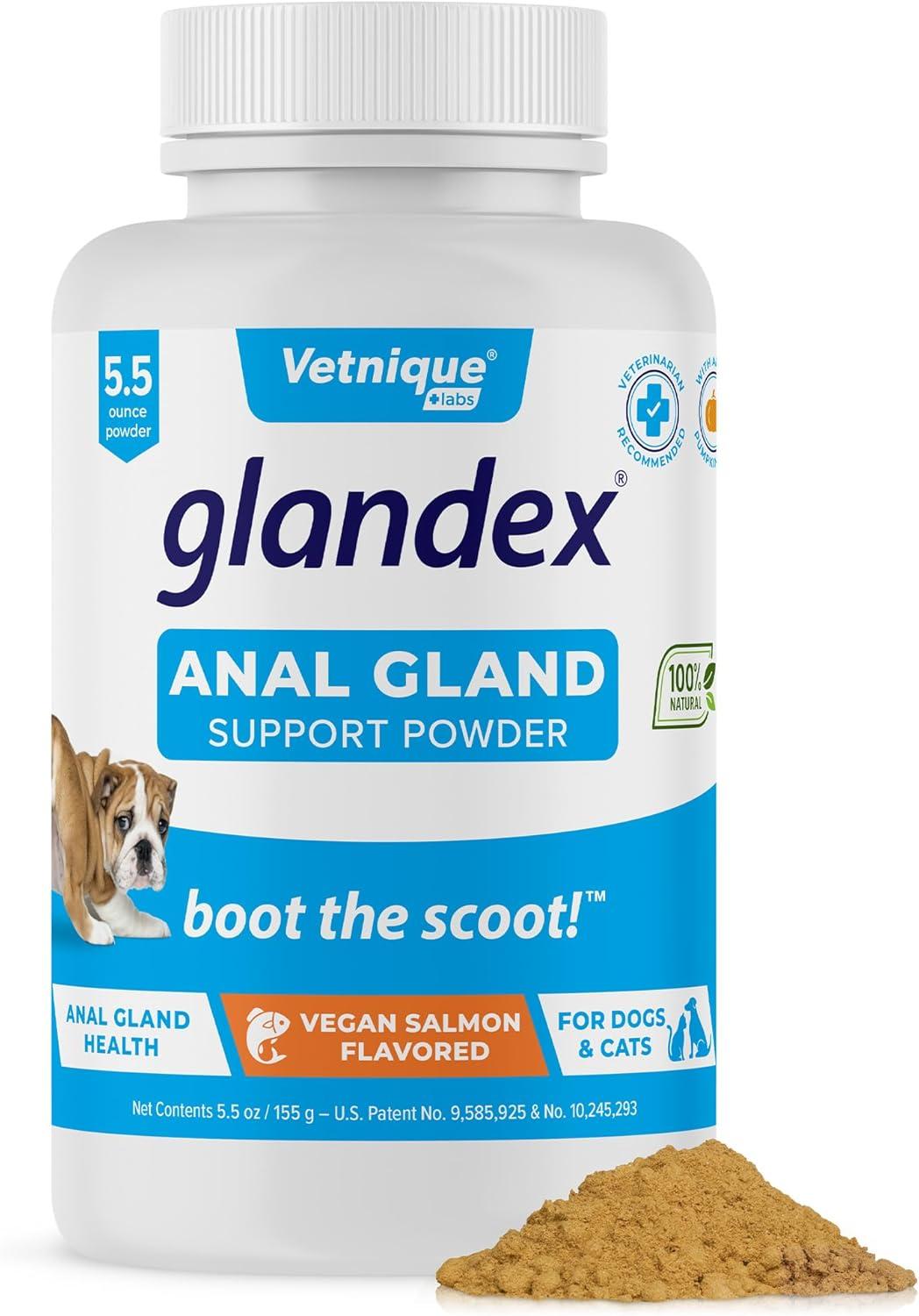 imageGlandex Dog Fiber Supplement Powder for Anal Glands with Pumpkin Digestive Enzymes ampamp Probiotics  Vet Recommended Regular or Advanced Strength  Boot The Scoot 55 oz Vegan SalmonVegan Salmon