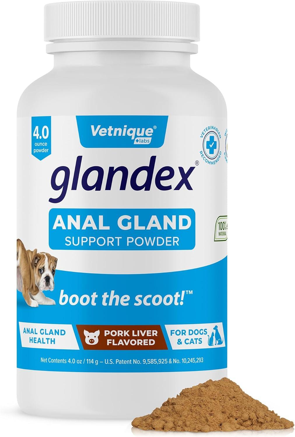 imageGlandex Dog Fiber Supplement Powder for Anal Glands with Pumpkin Digestive Enzymes ampamp Probiotics  Vet Recommended Regular or Advanced Strength  Boot The Scoot 55 oz Vegan SalmonPork Liver