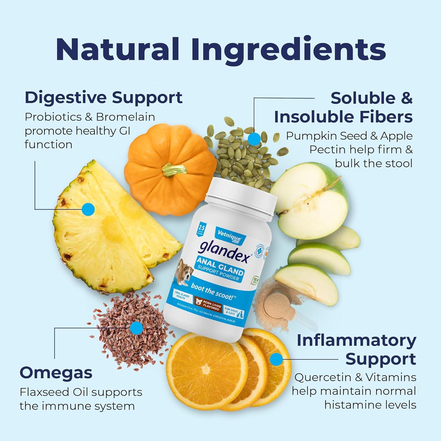 imageGlandex Dog Fiber Supplement Powder for Anal Glands with Pumpkin Digestive Enzymes ampamp Probiotics  Vet Recommended Regular or Advanced Strength  Boot The Scoot 55 oz Vegan SalmonPork Liver