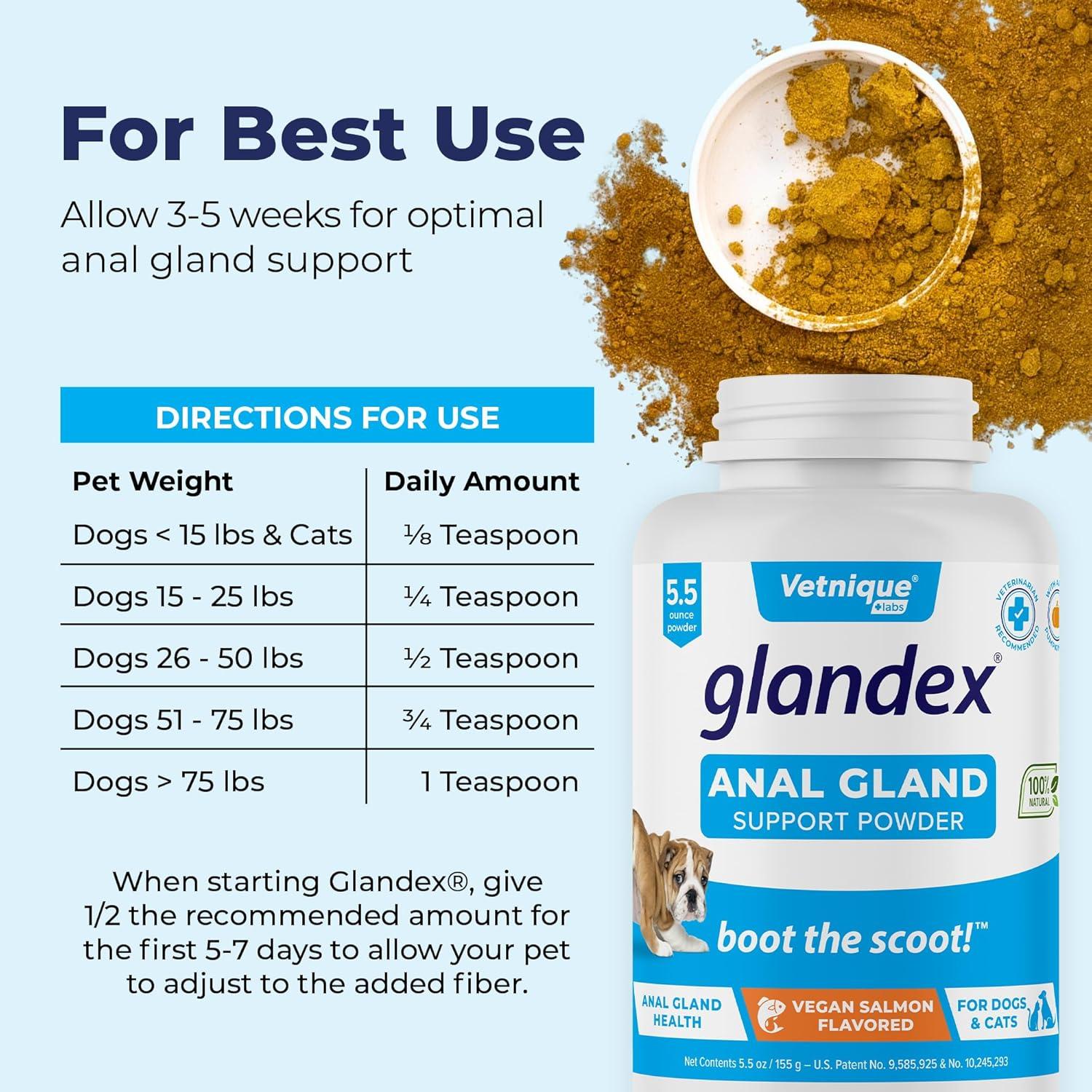 imageGlandex Dog Fiber Supplement Powder for Anal Glands with Pumpkin Digestive Enzymes ampamp Probiotics  Vet Recommended Regular or Advanced Strength  Boot The Scoot 55 oz Vegan SalmonVegan Salmon