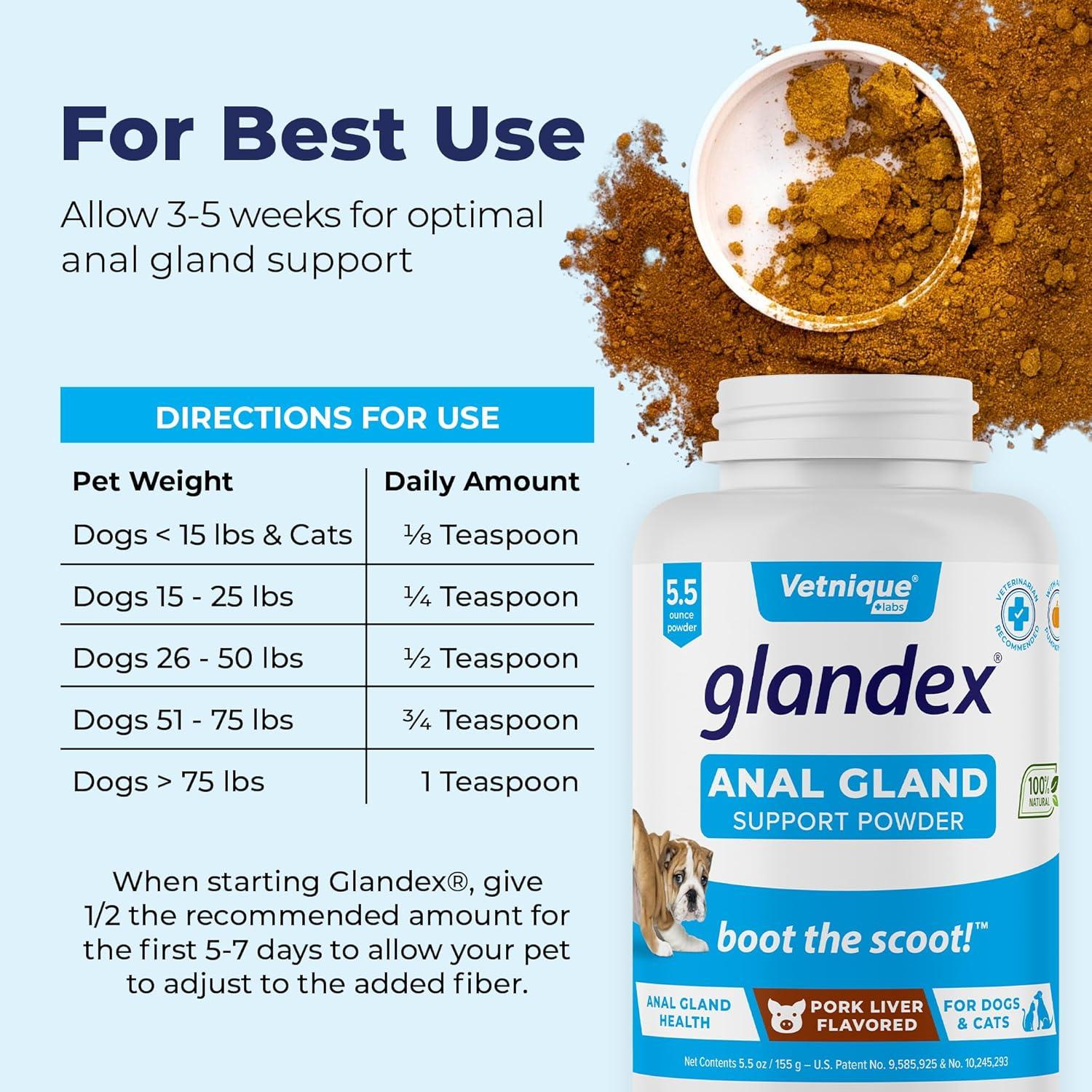 imageGlandex Dog Fiber Supplement Powder for Anal Glands with Pumpkin Digestive Enzymes ampamp Probiotics  Vet Recommended Regular or Advanced Strength  Boot The Scoot 55 oz Vegan SalmonPork Liver