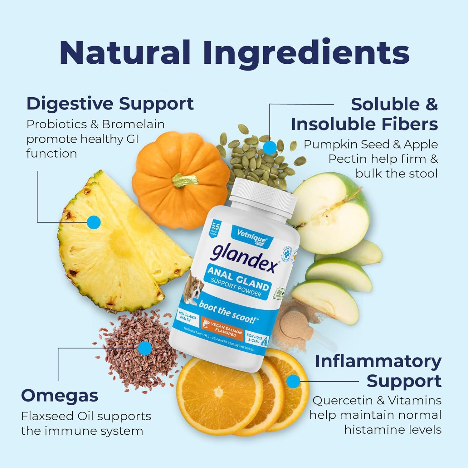 imageGlandex Dog Fiber Supplement Powder for Anal Glands with Pumpkin Digestive Enzymes ampamp Probiotics  Vet Recommended Regular or Advanced Strength  Boot The Scoot 55 oz Vegan SalmonVegan Salmon