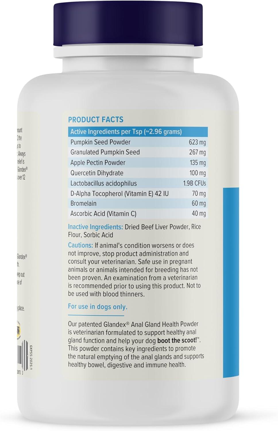 imageGlandex Dog Fiber Supplement Powder for Anal Glands with Pumpkin Digestive Enzymes ampamp Probiotics  Vet Recommended Regular or Advanced Strength  Boot The Scoot 55 oz Vegan SalmonBeef Liver