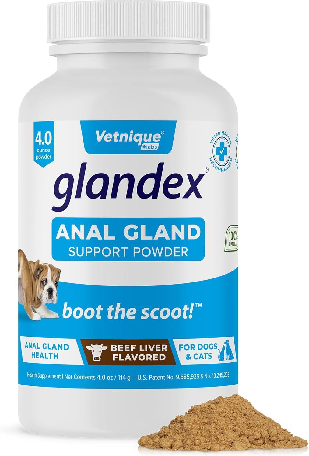 imageGlandex Dog Fiber Supplement Powder for Anal Glands with Pumpkin Digestive Enzymes ampamp Probiotics  Vet Recommended Regular or Advanced Strength  Boot The Scoot 55 oz Vegan SalmonBeef Liver