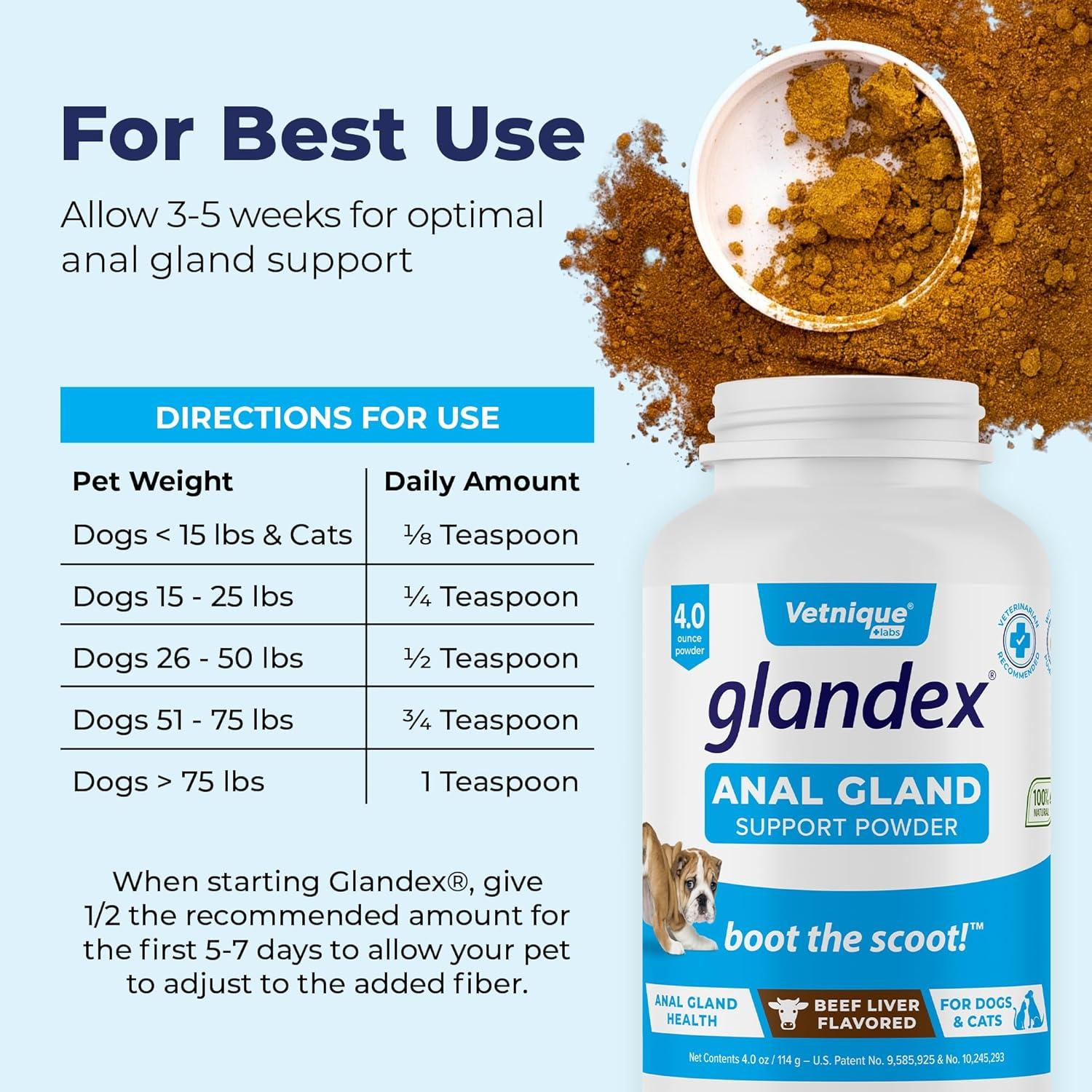 imageGlandex Dog Fiber Supplement Powder for Anal Glands with Pumpkin Digestive Enzymes ampamp Probiotics  Vet Recommended Regular or Advanced Strength  Boot The Scoot 55 oz Vegan SalmonBeef Liver