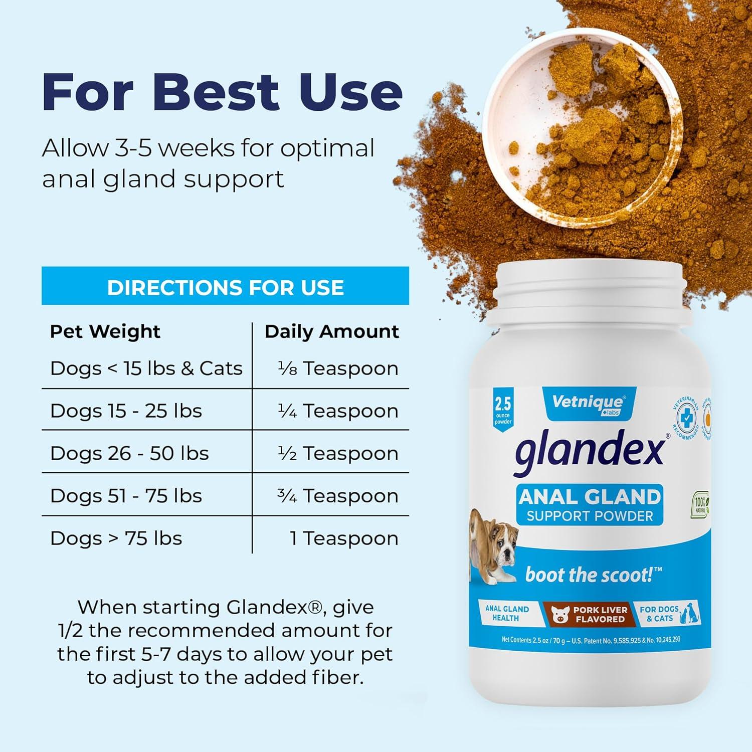 imageGlandex Dog Fiber Supplement Powder for Anal Glands with Pumpkin Digestive Enzymes ampamp Probiotics  Vet Recommended Regular or Advanced Strength  Boot The Scoot 55 oz Vegan SalmonPork Liver