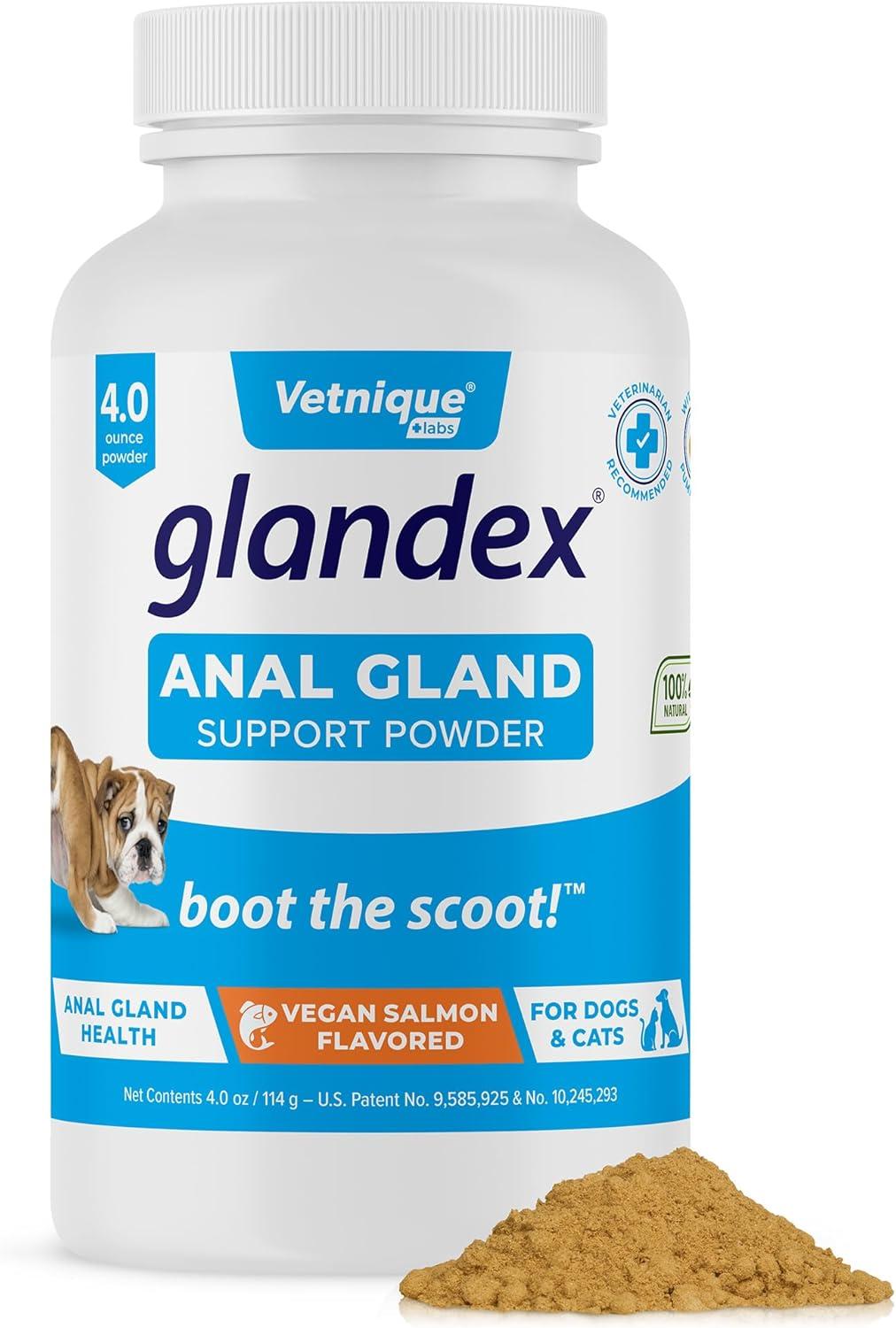 imageGlandex Dog Fiber Supplement Powder for Anal Glands with Pumpkin Digestive Enzymes ampamp Probiotics  Vet Recommended Regular or Advanced Strength  Boot The Scoot 55 oz Vegan SalmonVegan Salmon