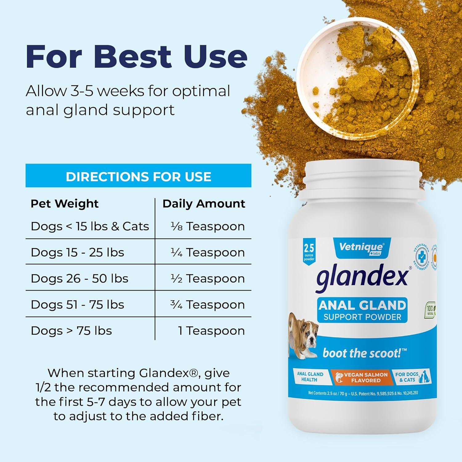 imageGlandex Dog Fiber Supplement Powder for Anal Glands with Pumpkin Digestive Enzymes ampamp Probiotics  Vet Recommended Regular or Advanced Strength  Boot The Scoot 55 oz Vegan SalmonVegan Salmon