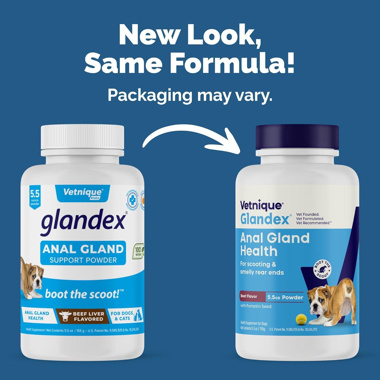 imageGlandex Dog Fiber Supplement Powder for Anal Glands with Pumpkin Digestive Enzymes ampamp Probiotics  Vet Recommended Regular or Advanced Strength  Boot The Scoot 55 oz Vegan SalmonBeef Liver
