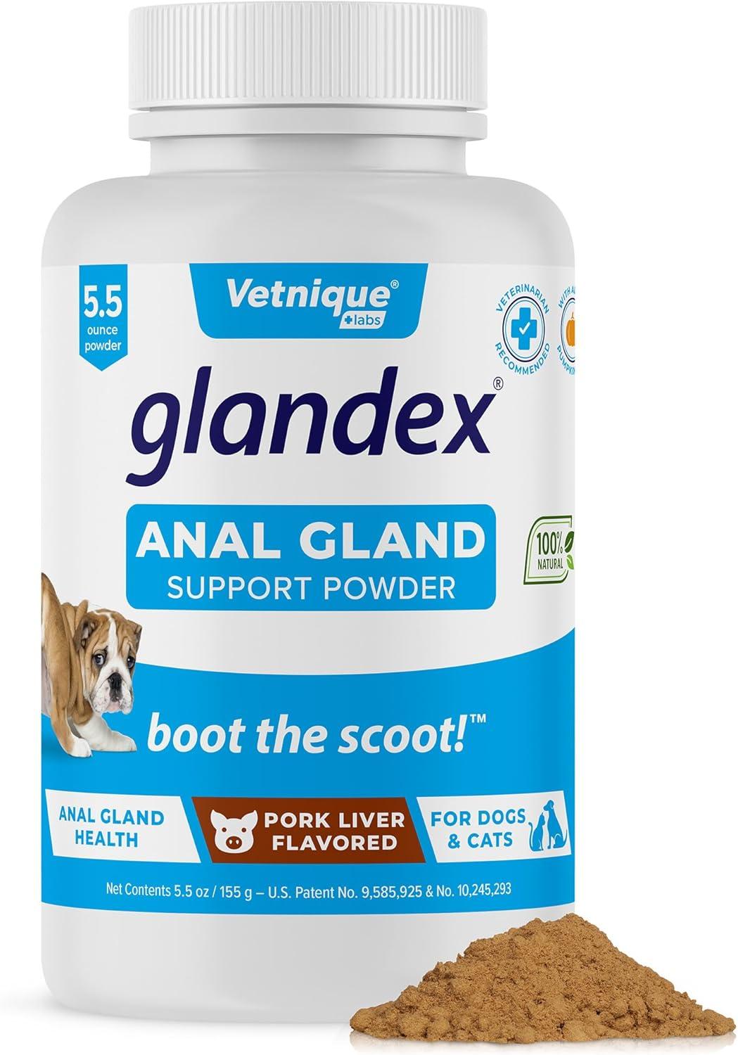 imageGlandex Dog Fiber Supplement Powder for Anal Glands with Pumpkin Digestive Enzymes ampamp Probiotics  Vet Recommended Regular or Advanced Strength  Boot The Scoot 55 oz Vegan SalmonPork Liver