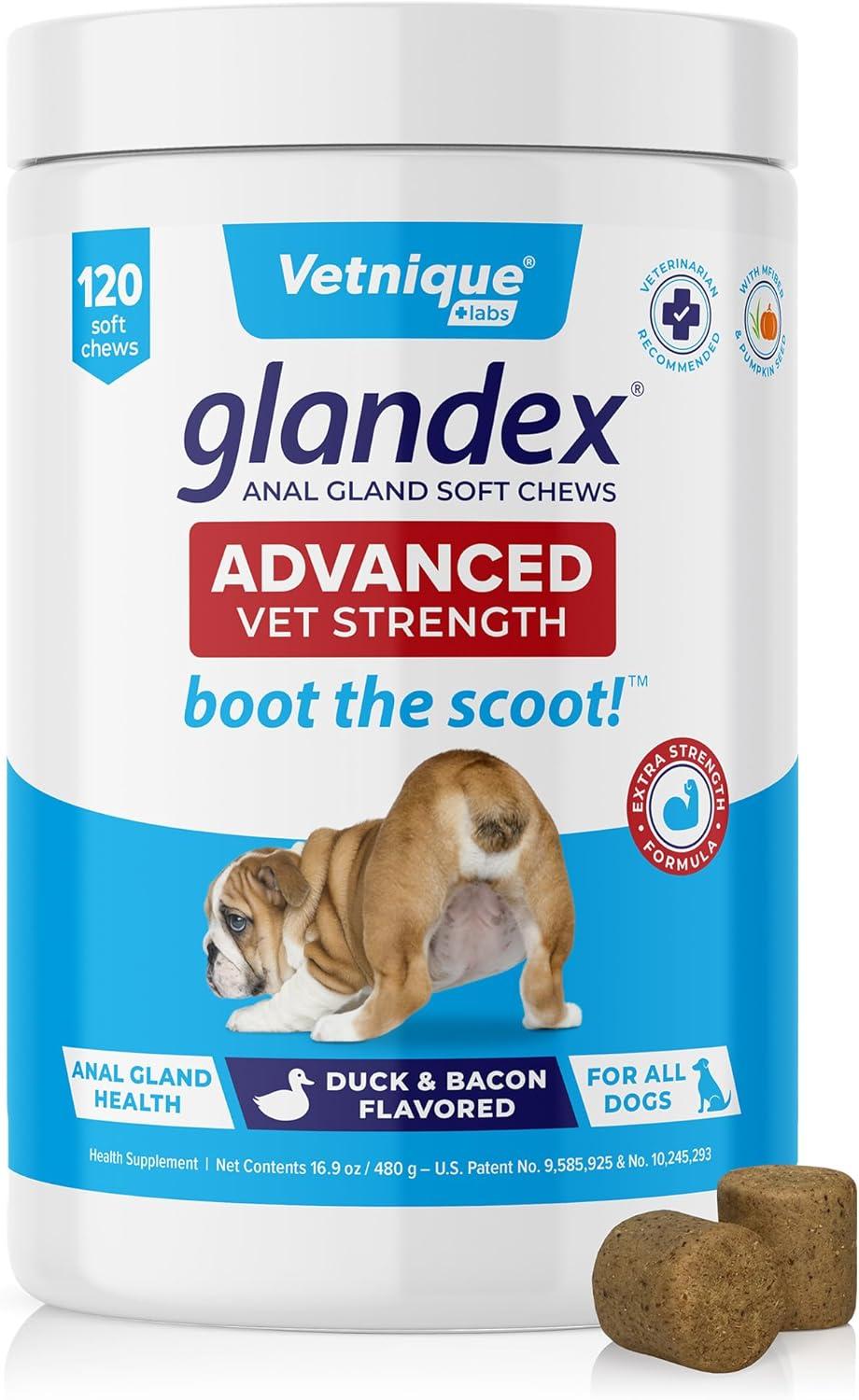 imageGlandex for Dogs Medicated Anal Gland Wipes 50ct ampamp Glandex Advanced VetStrength Anal Gland Supplement Chews 120ct Duck ampamp Bacon Flavor Bundle MaximumStrength Anal Gland Care for Dogs
