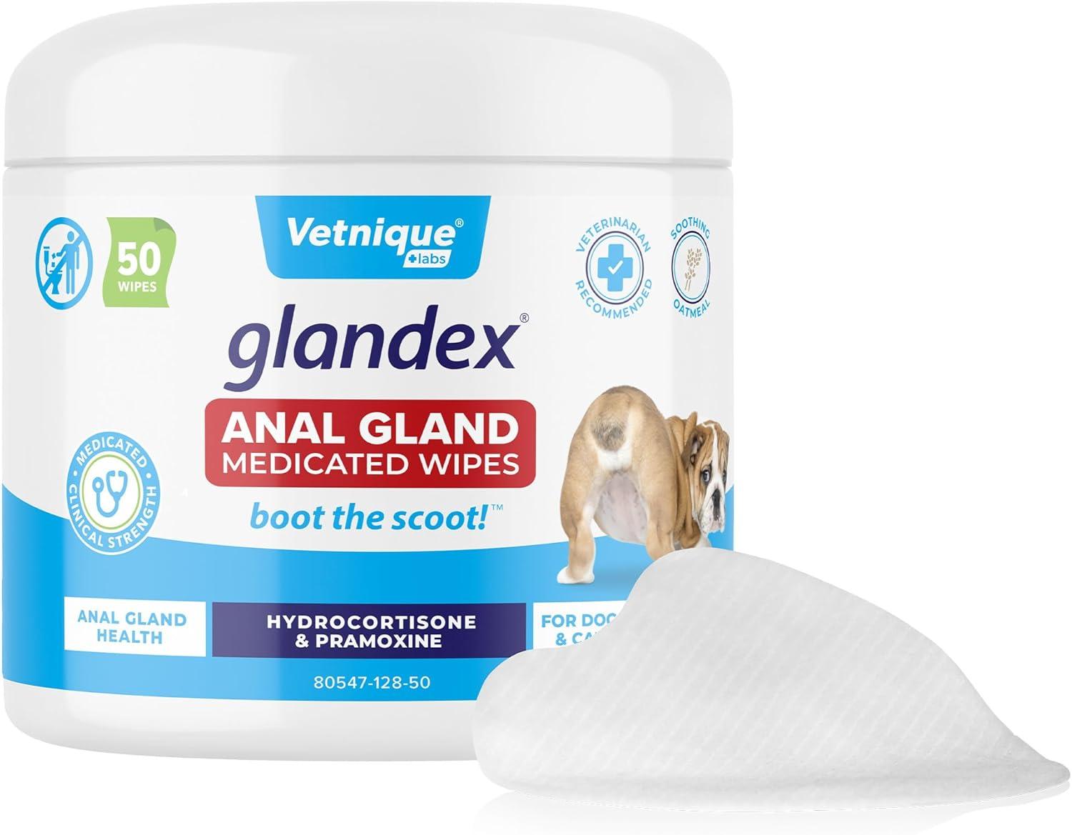 imageGlandex for Dogs Medicated Anal Gland Wipes 50ct ampamp Glandex Advanced VetStrength Anal Gland Supplement Chews 120ct Duck ampamp Bacon Flavor Bundle MaximumStrength Anal Gland Care for Dogs