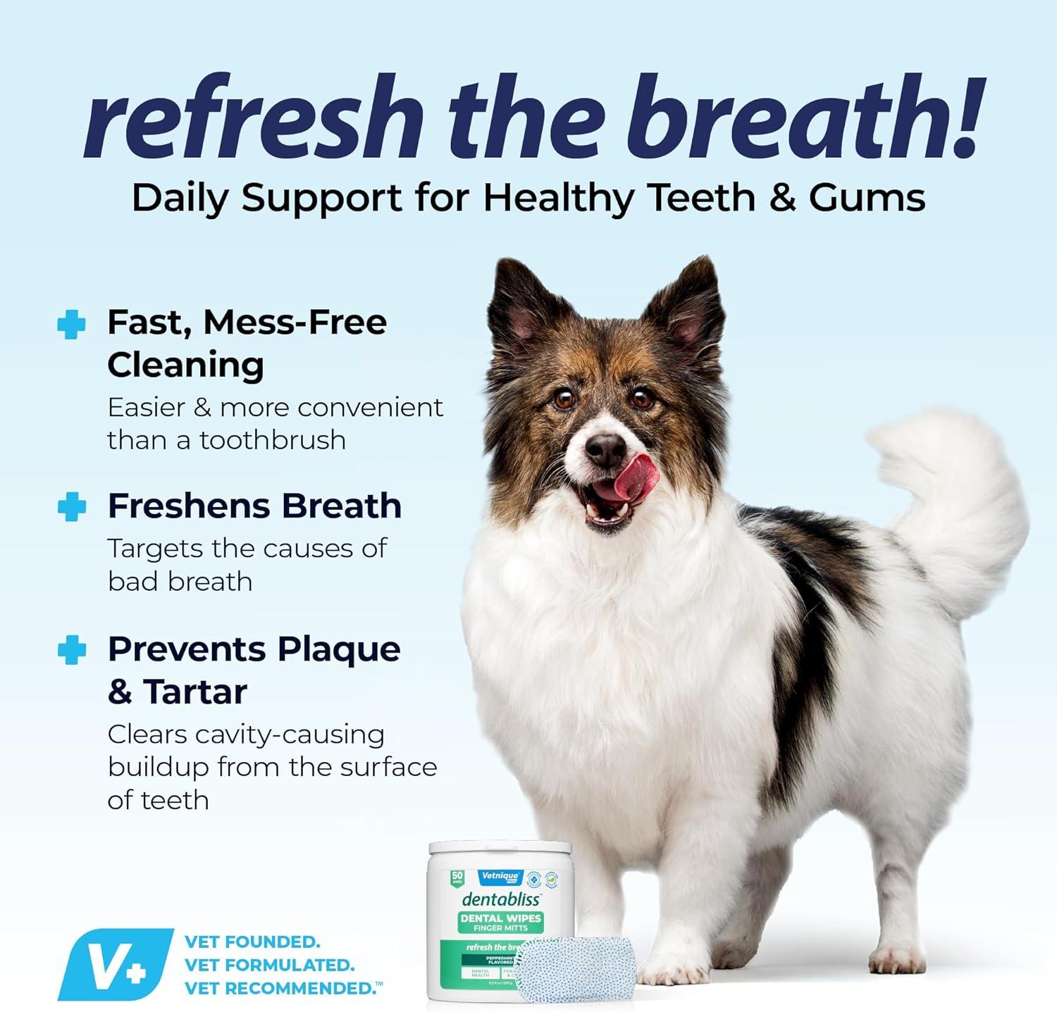 imageVetnique Dentabliss  Dog Teeth Cleaning Finger Mitt Dental Wipe  Dog Plaque ampamp Tartar Prevention with Brushing Beads  Flavored Dog Teeth Wipes Dog Breath Freshener ChickenPeppermint