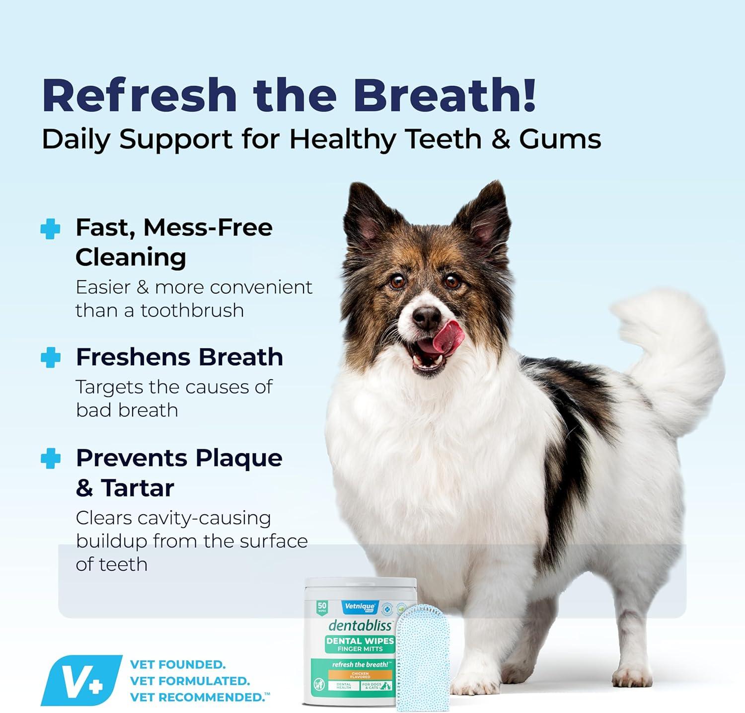imageVetnique Dentabliss  Dog Teeth Cleaning Finger Mitt Dental Wipe  Dog Plaque ampamp Tartar Prevention with Brushing Beads  Flavored Dog Teeth Wipes Dog Breath Freshener ChickenChicken