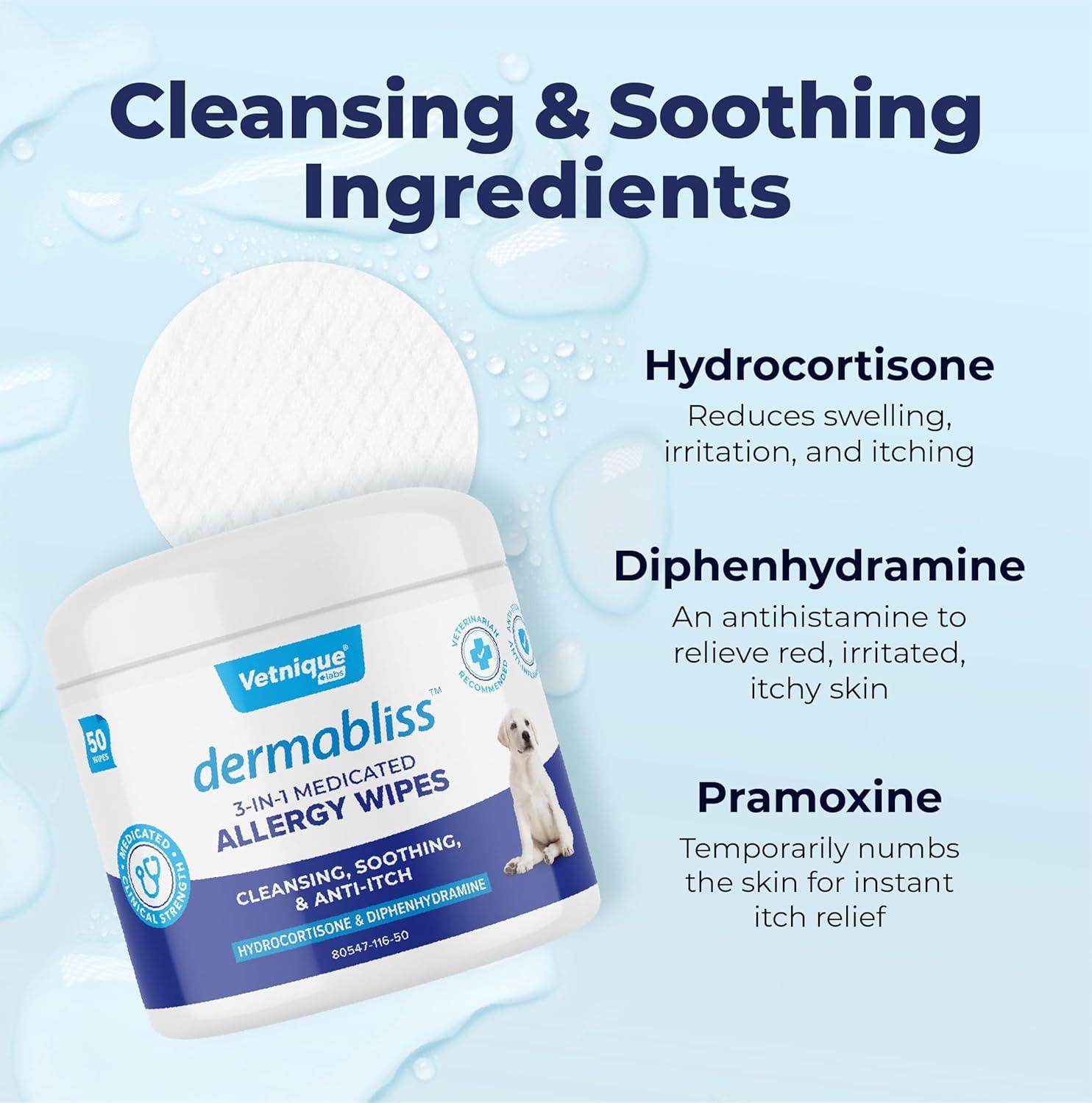 imageVetnique Dermabliss 3in1 Medicated Dog Wipes  Relief for Itchy Skin Allergies ampamp Odor Control Gentle NoSting Formula Antihistamine ampamp Hydrocortisone Paw Wipes for Dogs ampamp Cats 50 Count