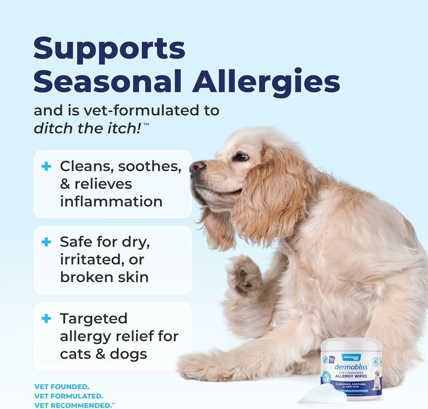 imageVetnique Dermabliss 3in1 Medicated Dog Wipes  Relief for Itchy Skin Allergies ampamp Odor Control Gentle NoSting Formula Antihistamine ampamp Hydrocortisone Paw Wipes for Dogs ampamp Cats 50 Count