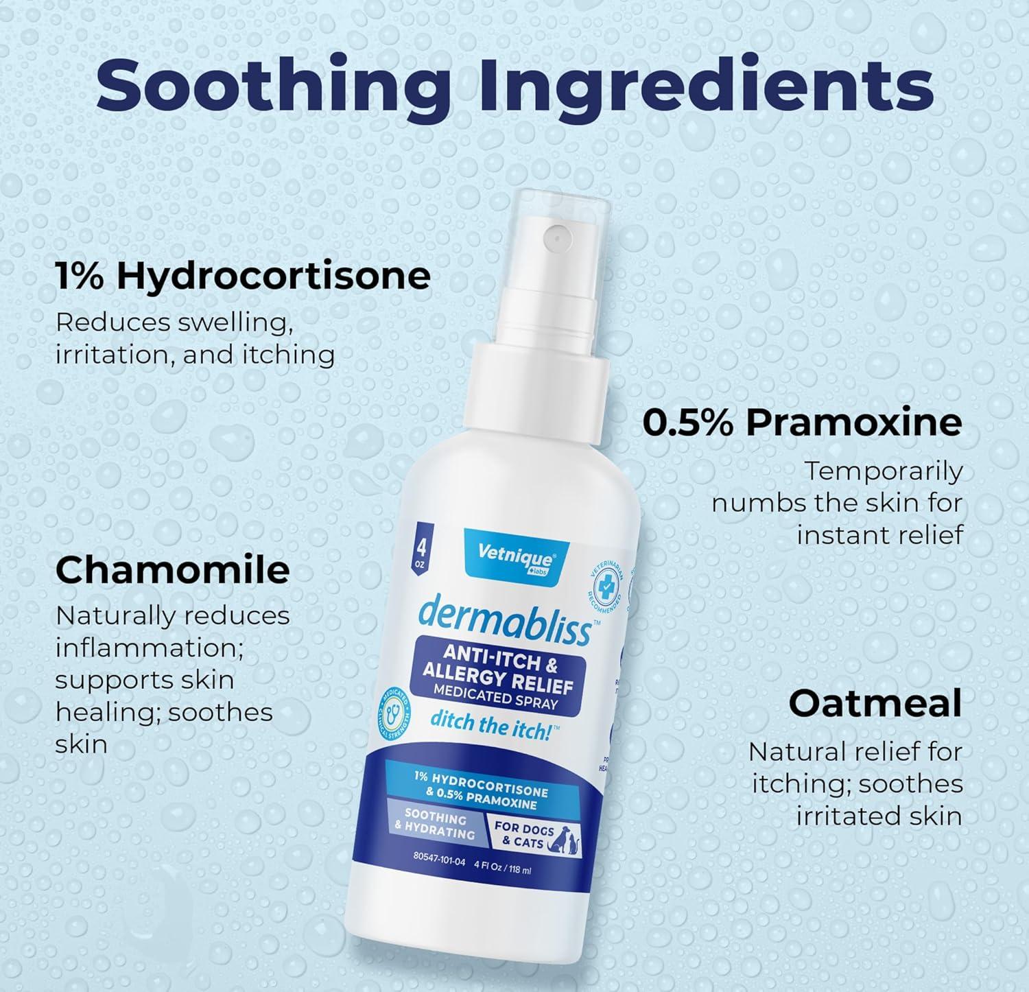 imageVetnique Dermabliss Anti Itch Spray for Dogs ampamp Cats with Hydrocortisone for Allergies and Immediate Dog Itching Skin Relief  Fragrance Free with Soothing Oat Extract 8oz4oz