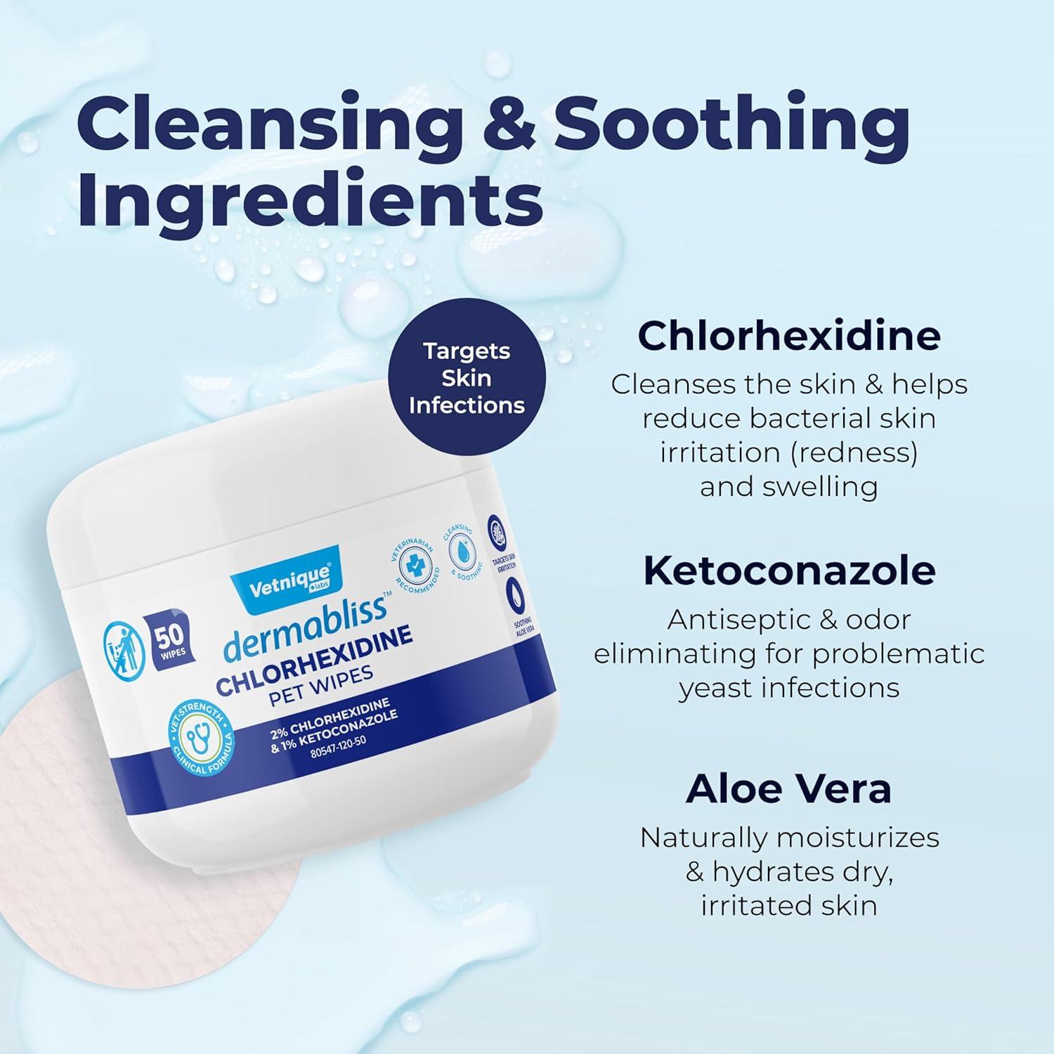 imageVetnique Dermabliss Chlorhexidine for Dogs Skin Health Antibacterial Wipes for Dogs for Infections Irritation ampamp Redness Relief Skin Wipes 50 CountSkin Wipes