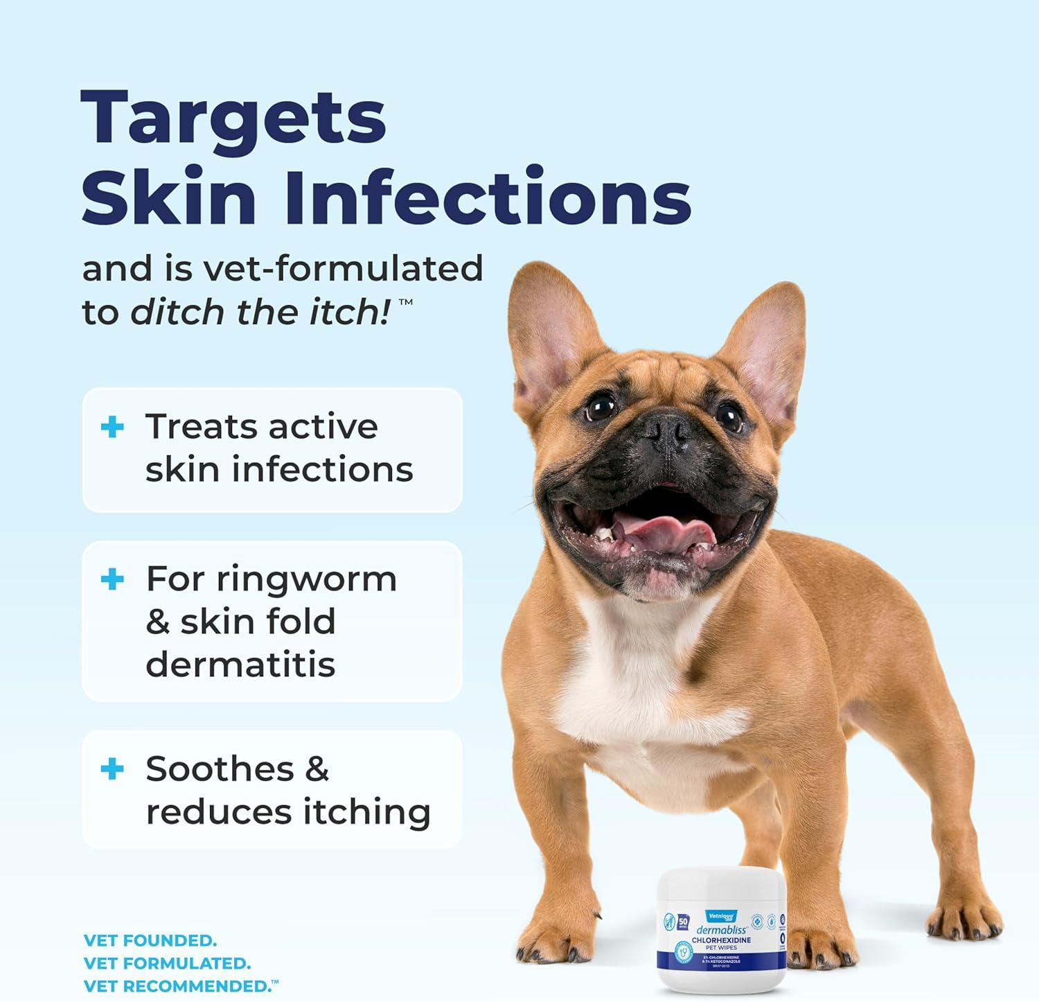 imageVetnique Dermabliss Chlorhexidine for Dogs Skin Health Antibacterial Wipes for Dogs for Infections Irritation ampamp Redness Relief Skin Wipes 50 CountSkin Wipes