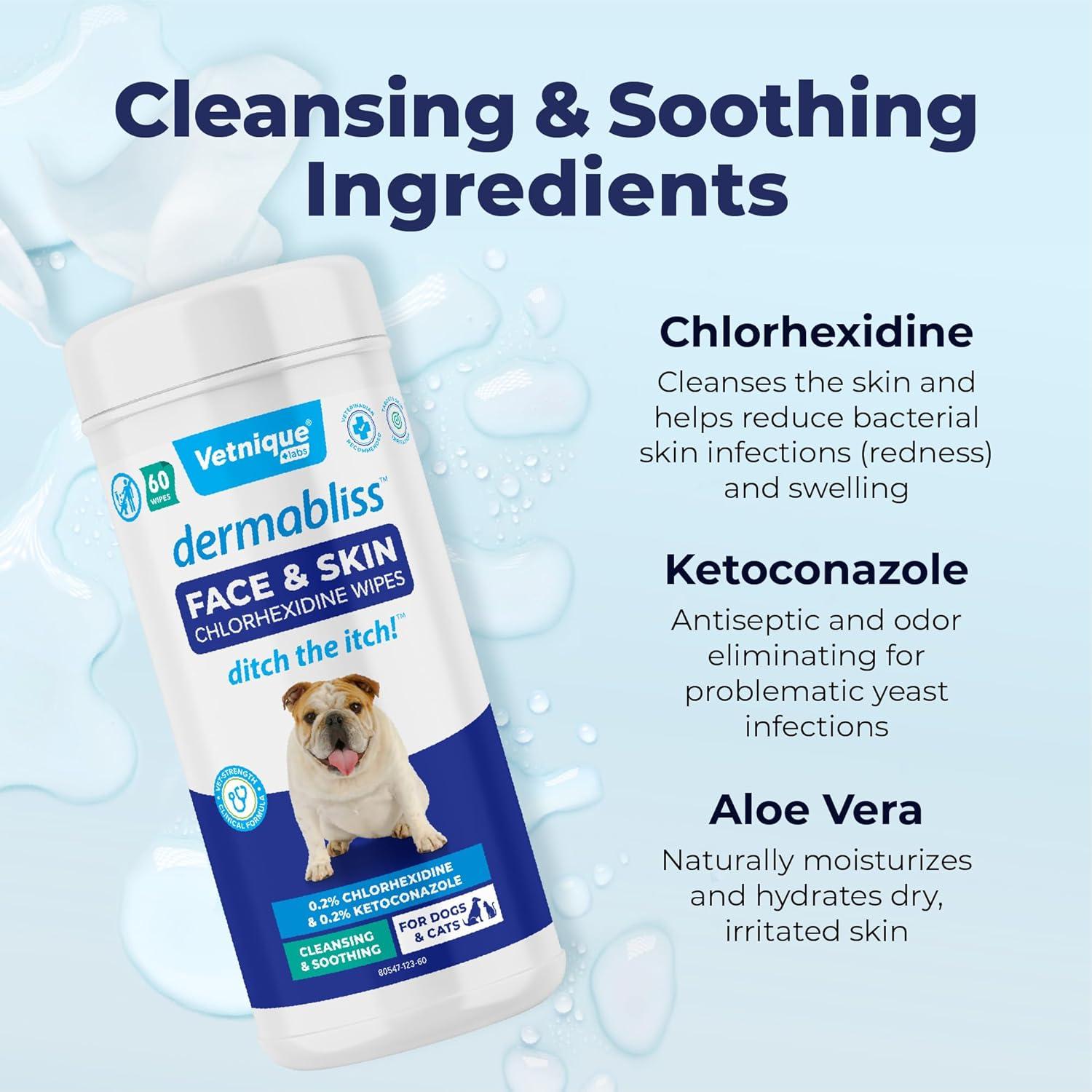 imageVetnique Dermabliss Dog Face Wipes  Medicated Chlorhexidine Wipes for Dogs with Wrinkles French Bulldog English Bulldog Dog Grooming Wipes Cleaning ampamp Deodorizing Dog Wipes 60 Count