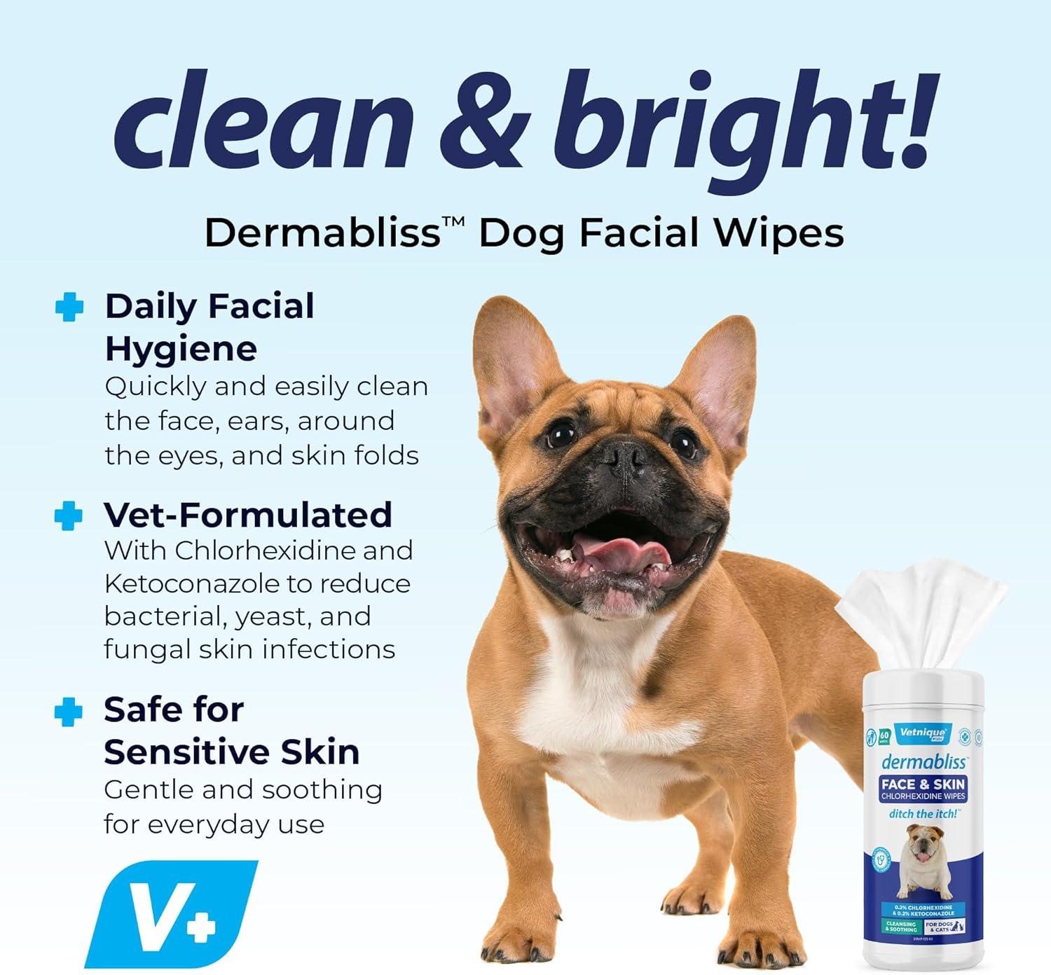 imageVetnique Dermabliss Dog Face Wipes  Medicated Chlorhexidine Wipes for Dogs with Wrinkles French Bulldog English Bulldog Dog Grooming Wipes Cleaning ampamp Deodorizing Dog Wipes 60 Count