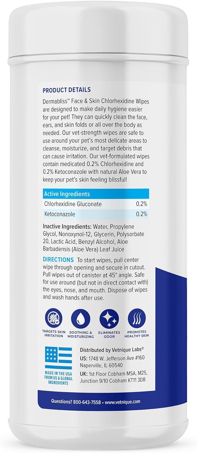 imageVetnique Dermabliss Dog Face Wipes  Medicated Chlorhexidine Wipes for Dogs with Wrinkles French Bulldog English Bulldog Dog Grooming Wipes Cleaning ampamp Deodorizing Dog Wipes 60 Count