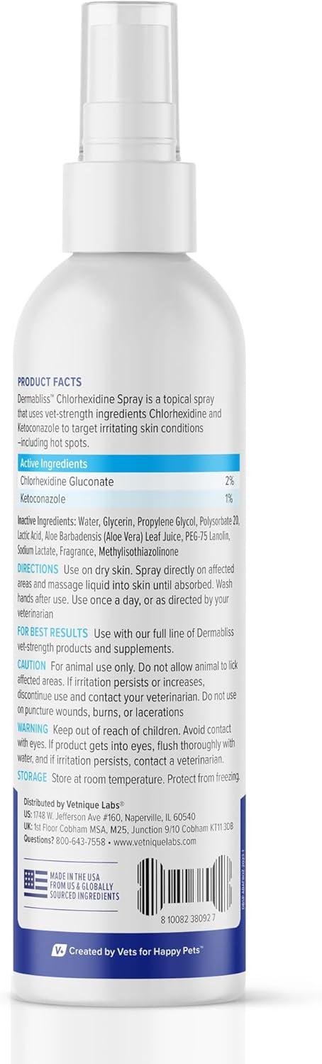 imageVetnique Dermabliss Medicated Chlorhexidine Antiseptic Skin Spray for Dogs ampamp Cats Supports Skin Infections and Irritations 8oz
