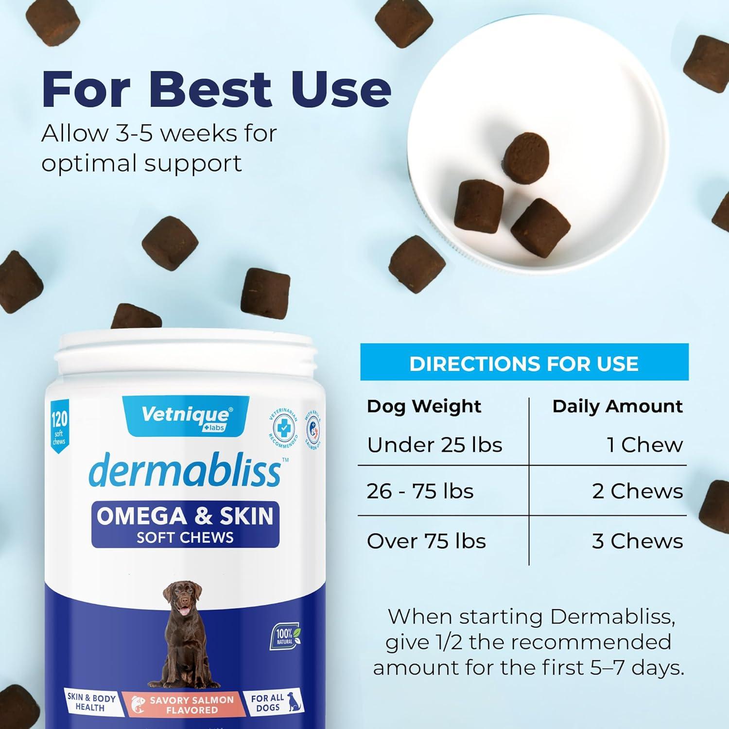 imageVetnique Dermabliss Omega ampamp Skin Health Fish Oil for Dogs Soft Chews Healthy Skin ampamp Coat for Dogs with Biotin ampamp DHA  Hickory Salmon Dog Treats 30 Count Chews120ct Chews