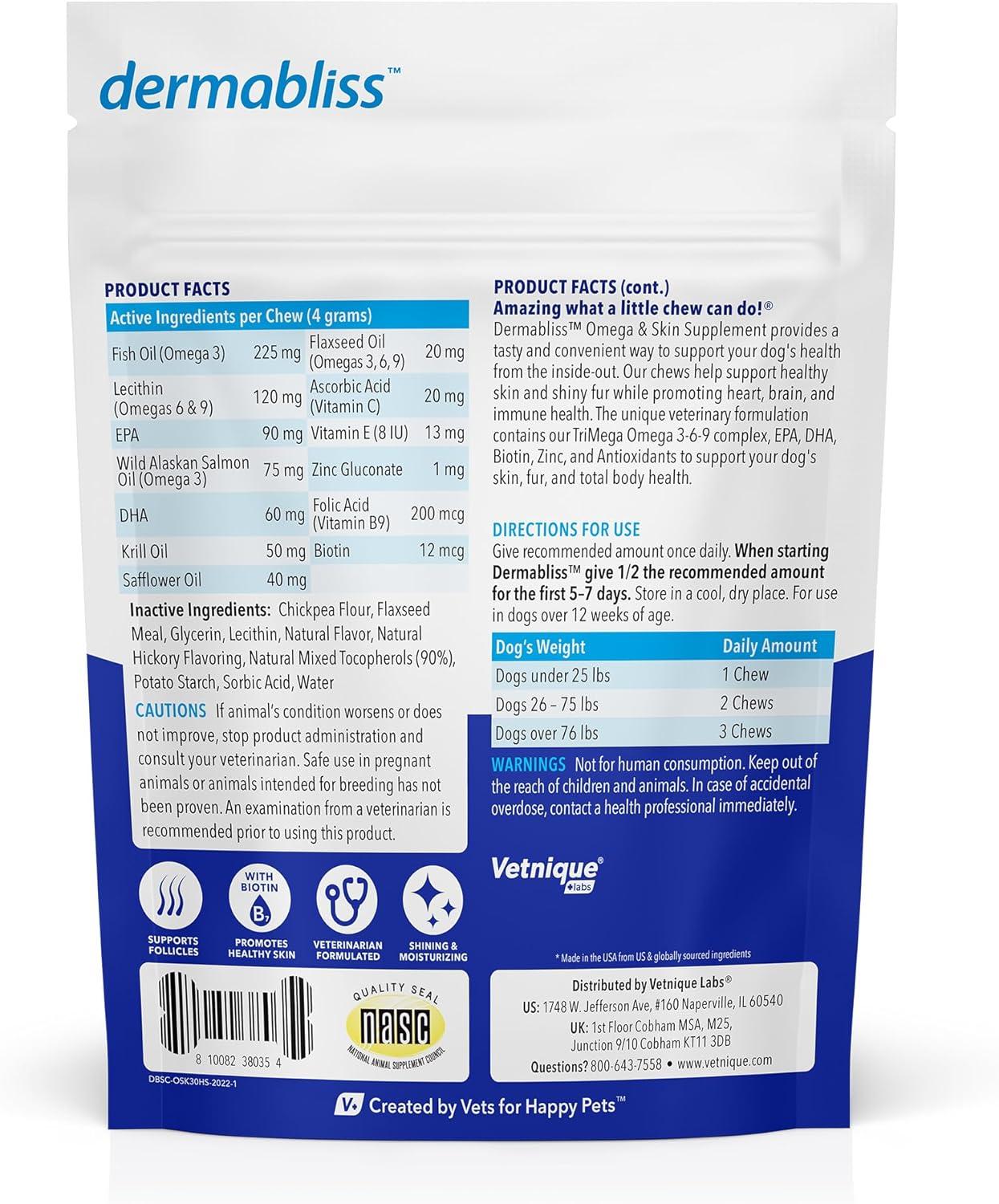 imageVetnique Dermabliss Omega ampamp Skin Health Fish Oil for Dogs Soft Chews Healthy Skin ampamp Coat for Dogs with Biotin ampamp DHA  Hickory Salmon Dog Treats 30 Count Chews30ct Chews