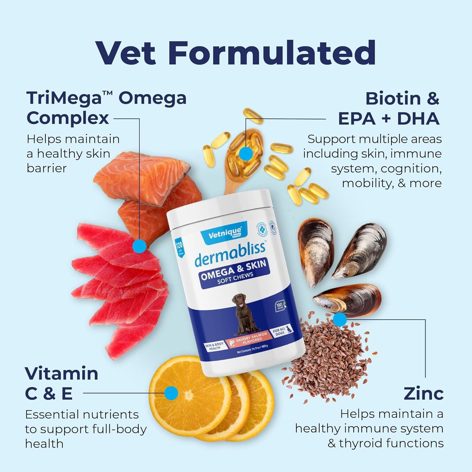 imageVetnique Dermabliss Omega ampamp Skin Health Fish Oil for Dogs Soft Chews Healthy Skin ampamp Coat for Dogs with Biotin ampamp DHA  Hickory Salmon Dog Treats 30 Count Chews120ct Chews