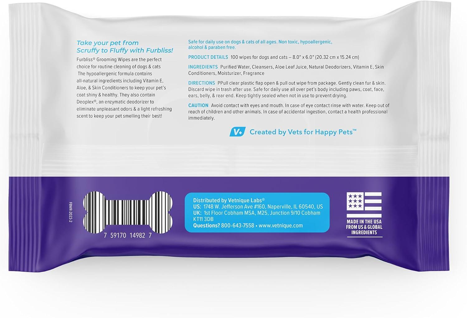 imageVetnique Furbliss Hygienic Pet Wipes for Dogs ampamp Cats Cleansing Grooming ampamp Deodorizing Hypoallergenic Thick Wipes with All Natural Deoplex Deodorizer Refreshing Scent 100ct Pouch