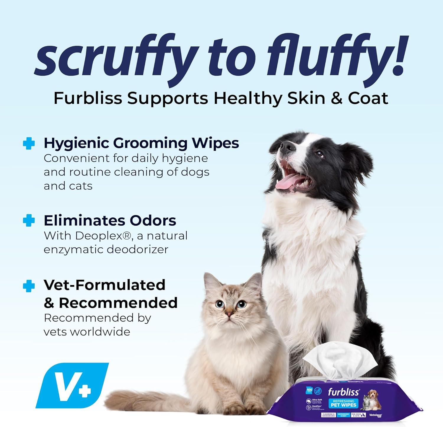 imageVetnique Furbliss Hygienic Pet Wipes for Dogs ampamp Cats Cleansing Grooming ampamp Deodorizing Hypoallergenic Thick Wipes with All Natural Deoplex Deodorizer Refreshing Scent 100ct Pouch