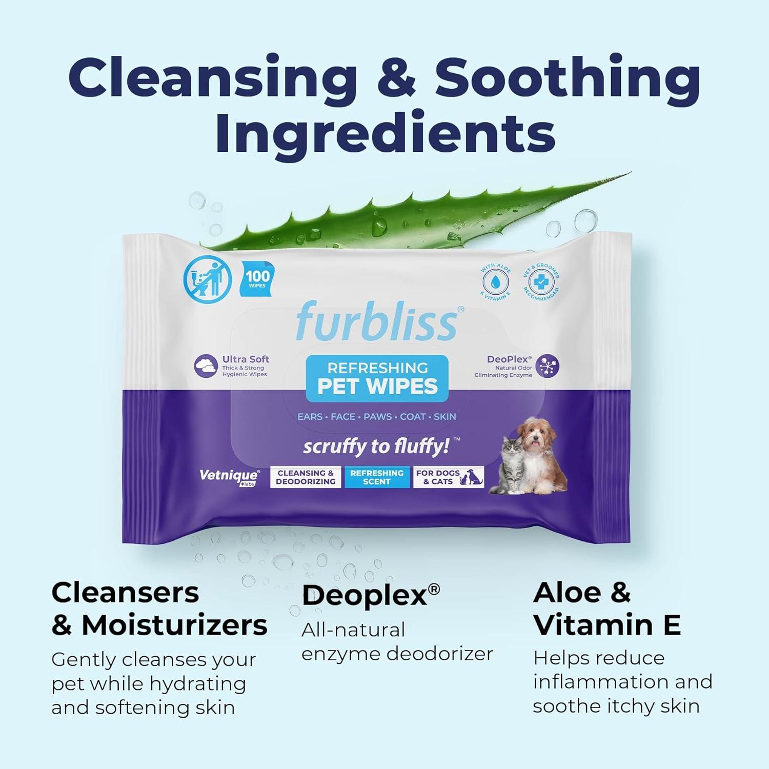 imageVetnique Furbliss Hygienic Pet Wipes for Dogs ampamp Cats Cleansing Grooming ampamp Deodorizing Hypoallergenic Thick Wipes with All Natural Deoplex Deodorizer Refreshing Scent 100ct Pouch