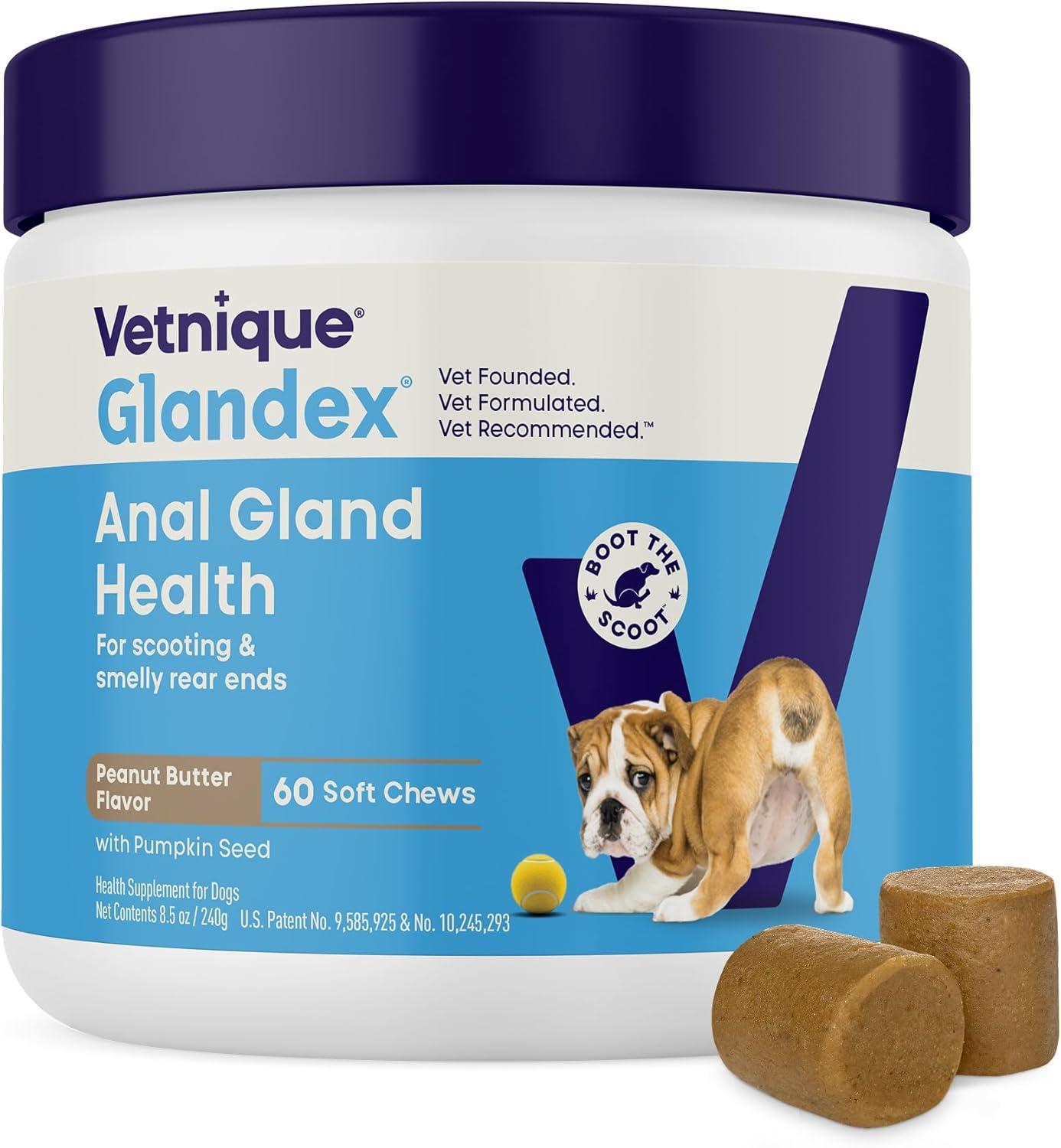 imageVetnique Glandex Anal Gland Soft Chew Treats with Pumpkin for Dogs Digestive Enzymes Probiotics Fiber Supplement for Dogs Boot The Scoot Advanced Strength DuckBacon Chews Veg 30 CountPeanut Butter Chews