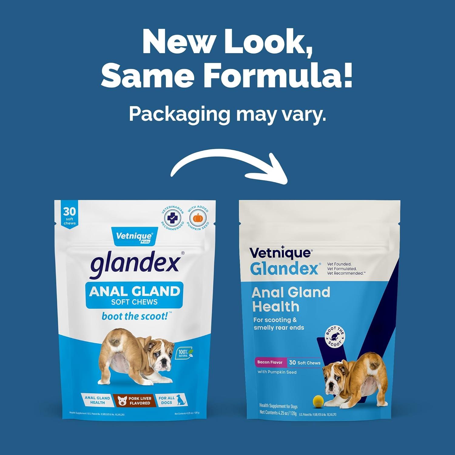 imageVetnique Glandex Anal Gland Soft Chew Treats with Pumpkin for Dogs Digestive Enzymes Probiotics Fiber Supplement for Dogs Boot The Scoot Advanced Strength DuckBacon Chews Veg 30 CountBaconPork Chews