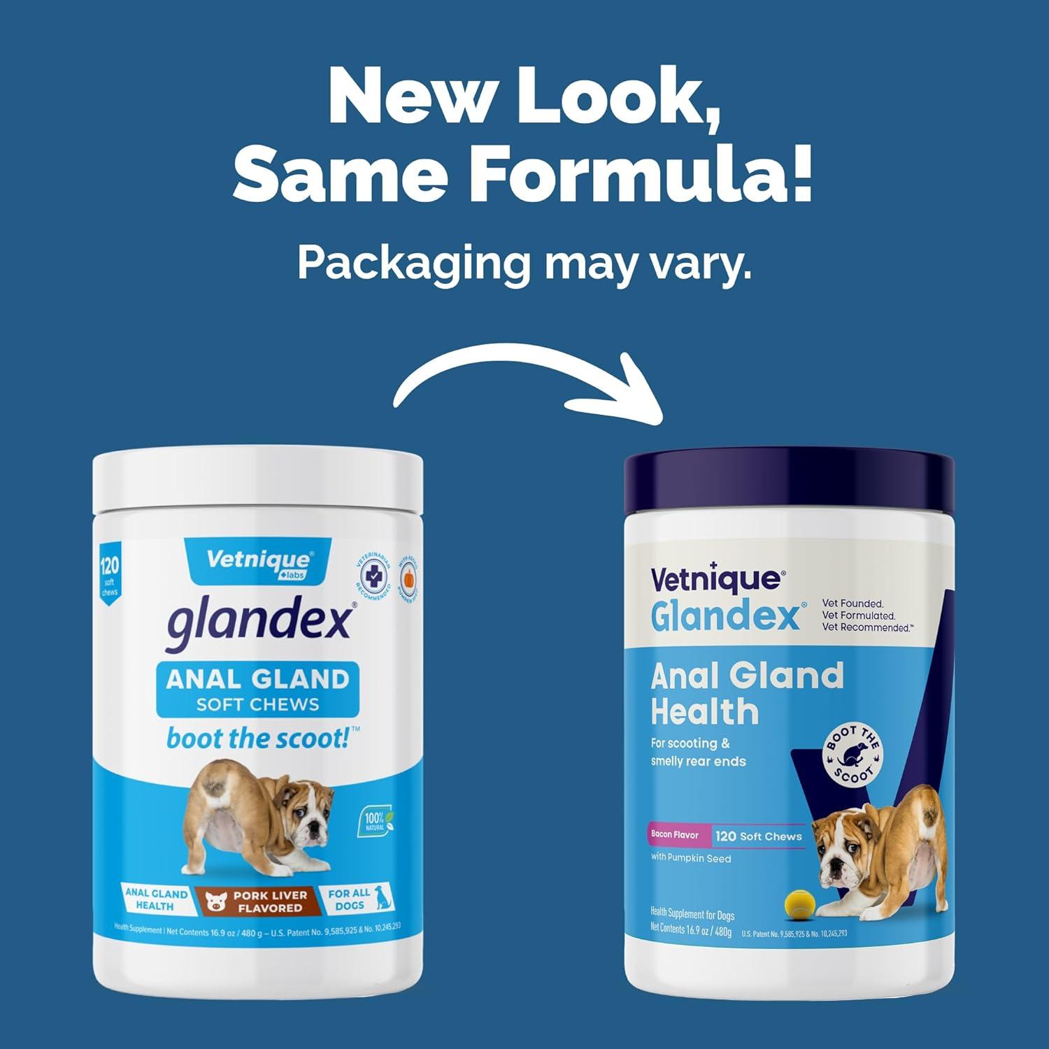 imageVetnique Glandex Anal Gland Soft Chew Treats with Pumpkin for Dogs Digestive Enzymes Probiotics Fiber Supplement for Dogs Boot The Scoot Advanced Strength DuckBacon Chews Veg 30 CountBaconPork Chews