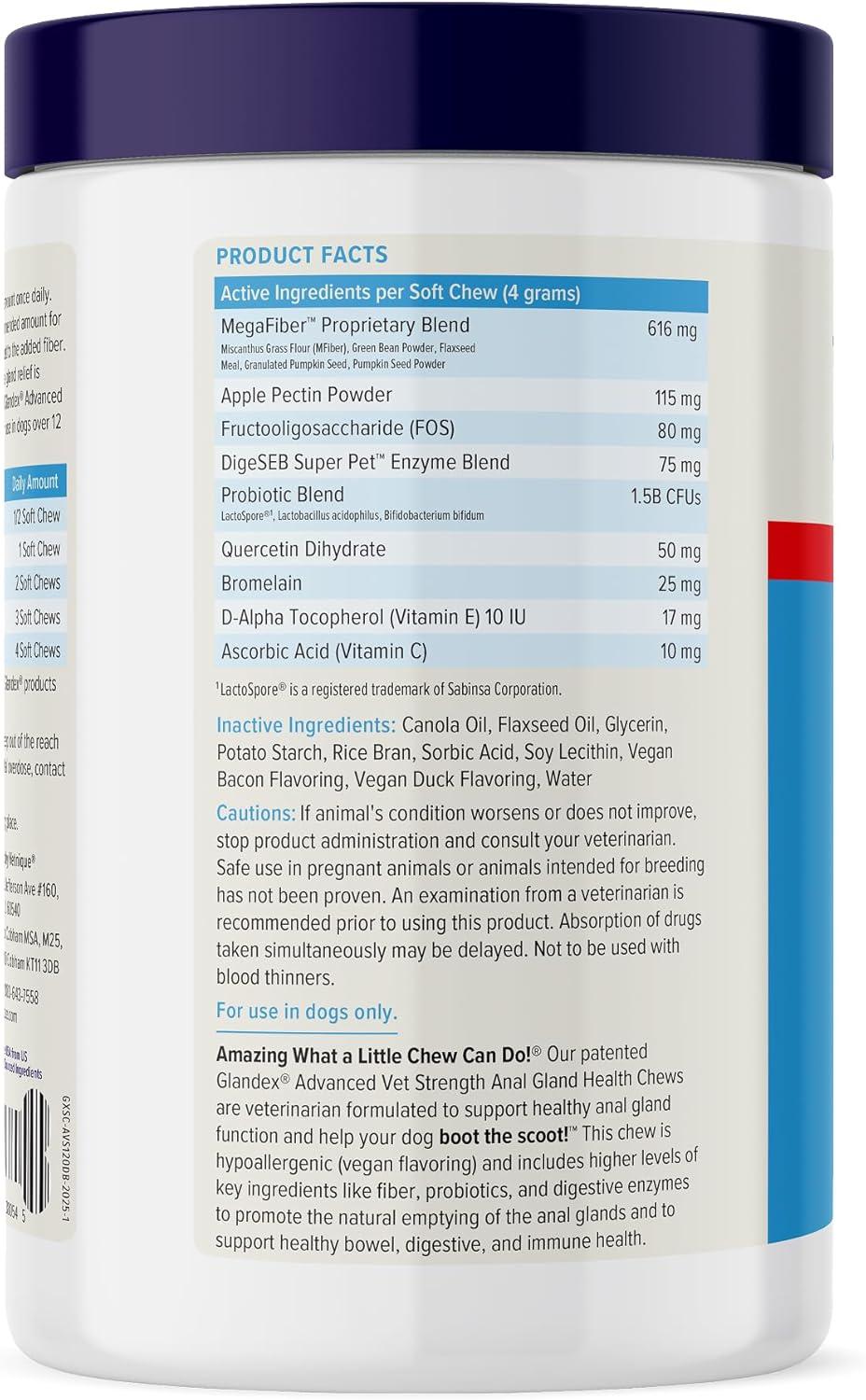 imageVetnique Glandex Anal Gland Soft Chew Treats with Pumpkin for Dogs Digestive Enzymes Probiotics Fiber Supplement for Dogs Boot The Scoot Advanced Strength DuckBacon Chews Veg 30 CountAdvanced Strength DuckBacon Chews Vegetarian