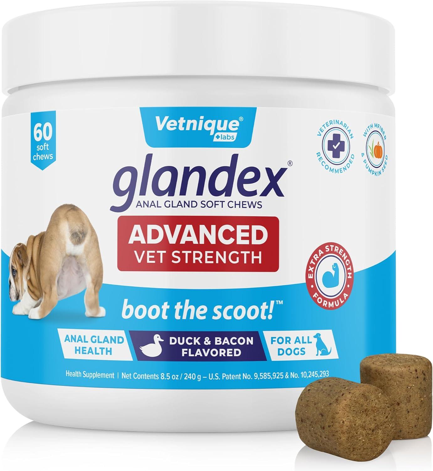 imageVetnique Glandex Anal Gland Soft Chew Treats with Pumpkin for Dogs Digestive Enzymes Probiotics Fiber Supplement for Dogs Boot The Scoot Advanced Strength DuckBacon Chews Veg 30 CountAdvanced Strength DuckBacon Chews Vegetarian