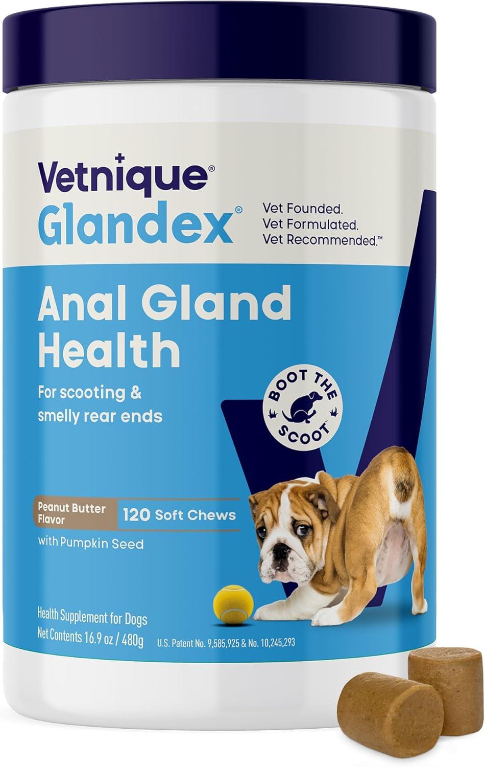 imageVetnique Glandex Anal Gland Soft Chew Treats with Pumpkin for Dogs Digestive Enzymes Probiotics Fiber Supplement for Dogs Boot The Scoot Advanced Strength DuckBacon Chews Veg 30 CountPeanut Butter Chews