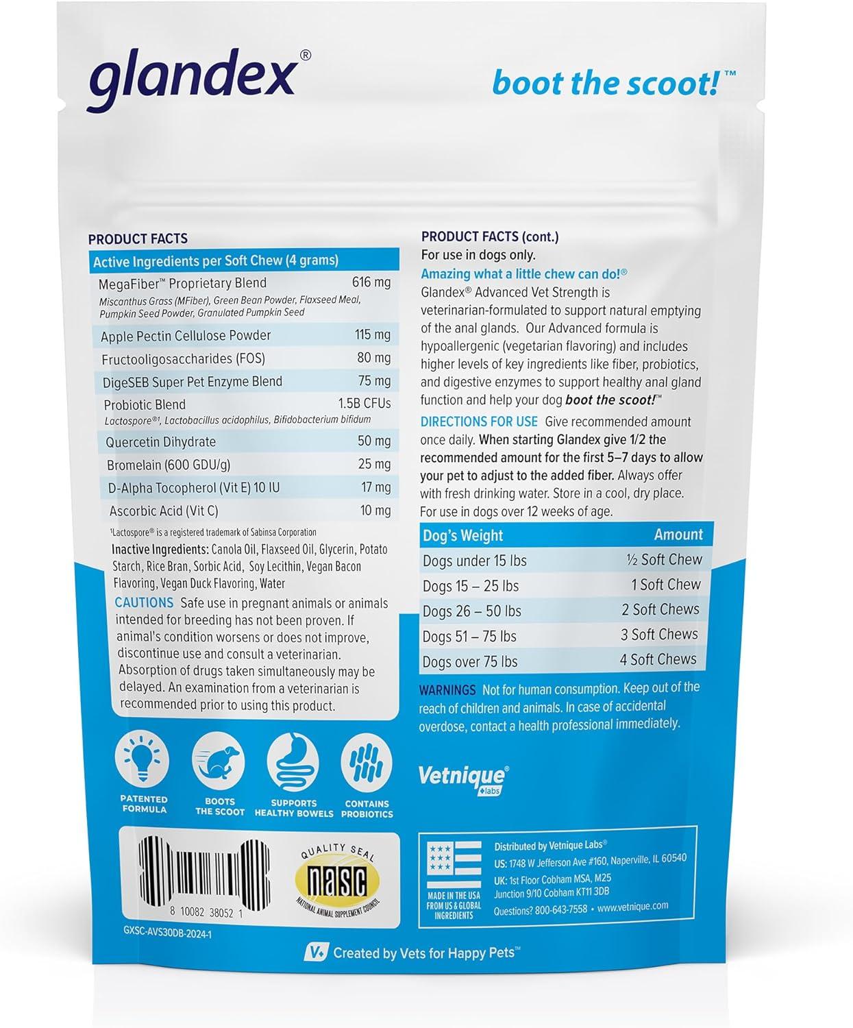 imageVetnique Glandex Anal Gland Soft Chew Treats with Pumpkin for Dogs Digestive Enzymes Probiotics Fiber Supplement for Dogs Boot The Scoot Advanced Strength DuckBacon Chews Veg 30 CountAdvanced Strength DuckBacon Chews Vegetarian