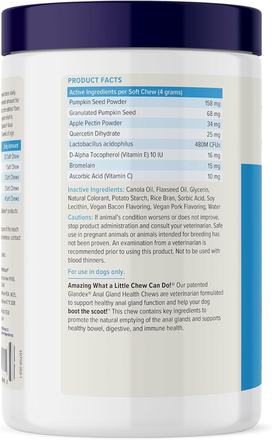 imageVetnique Glandex Anal Gland Soft Chew Treats with Pumpkin for Dogs Digestive Enzymes Probiotics Fiber Supplement for Dogs Boot The Scoot Advanced Strength DuckBacon Chews Veg 30 CountBaconPork Chews