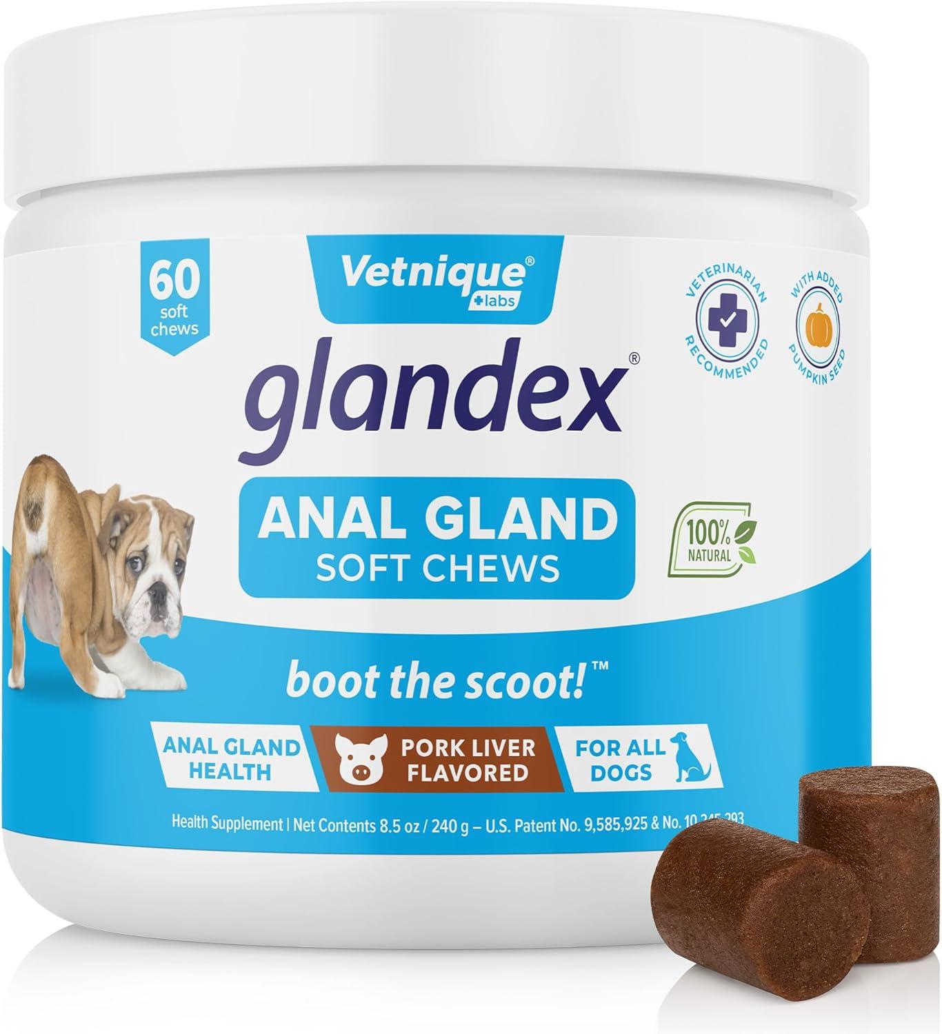 imageVetnique Glandex Anal Gland Soft Chew Treats with Pumpkin for Dogs Digestive Enzymes Probiotics Fiber Supplement for Dogs Boot The Scoot Advanced Strength DuckBacon Chews Veg 30 CountBaconPork Chews