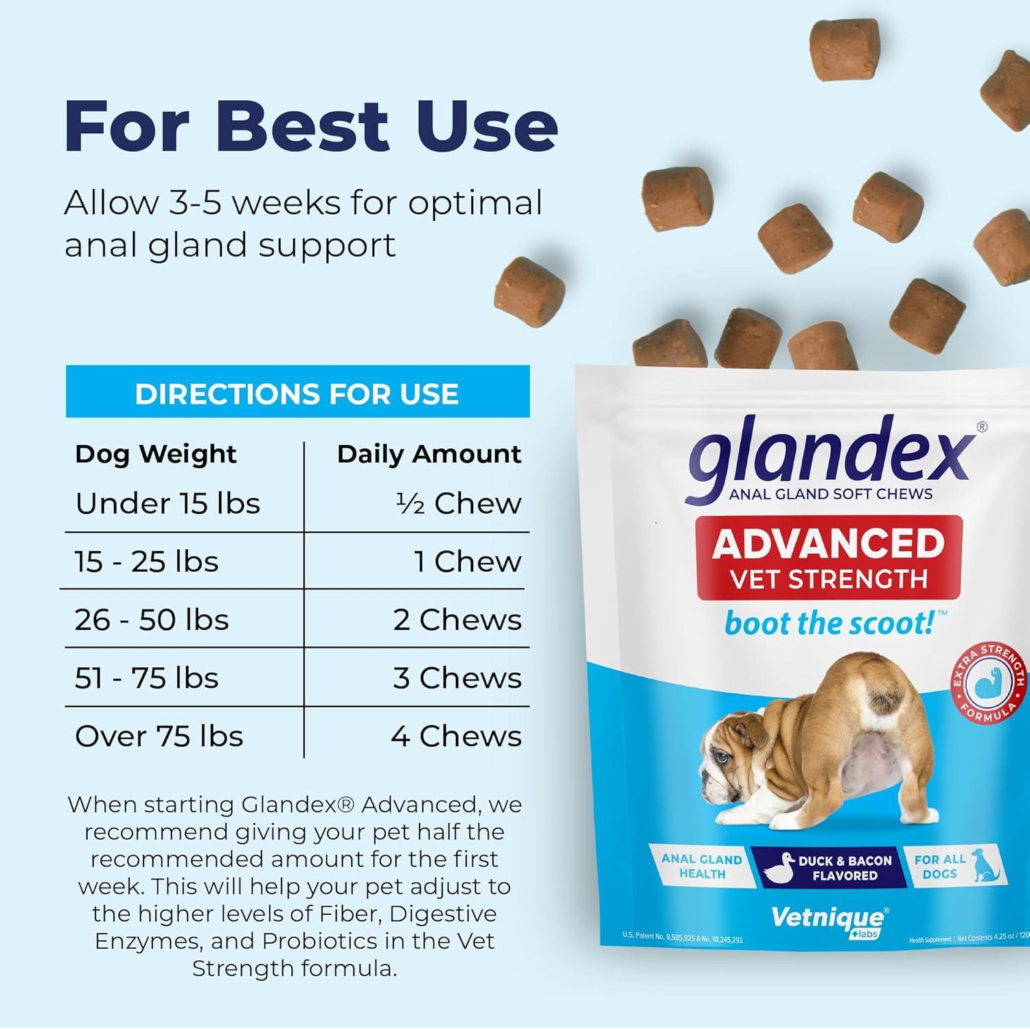 imageVetnique Glandex Anal Gland Soft Chew Treats with Pumpkin for Dogs Digestive Enzymes Probiotics Fiber Supplement for Dogs Boot The Scoot Advanced Strength DuckBacon Chews Veg 30 CountAdvanced Strength DuckBacon Chews Vegetarian