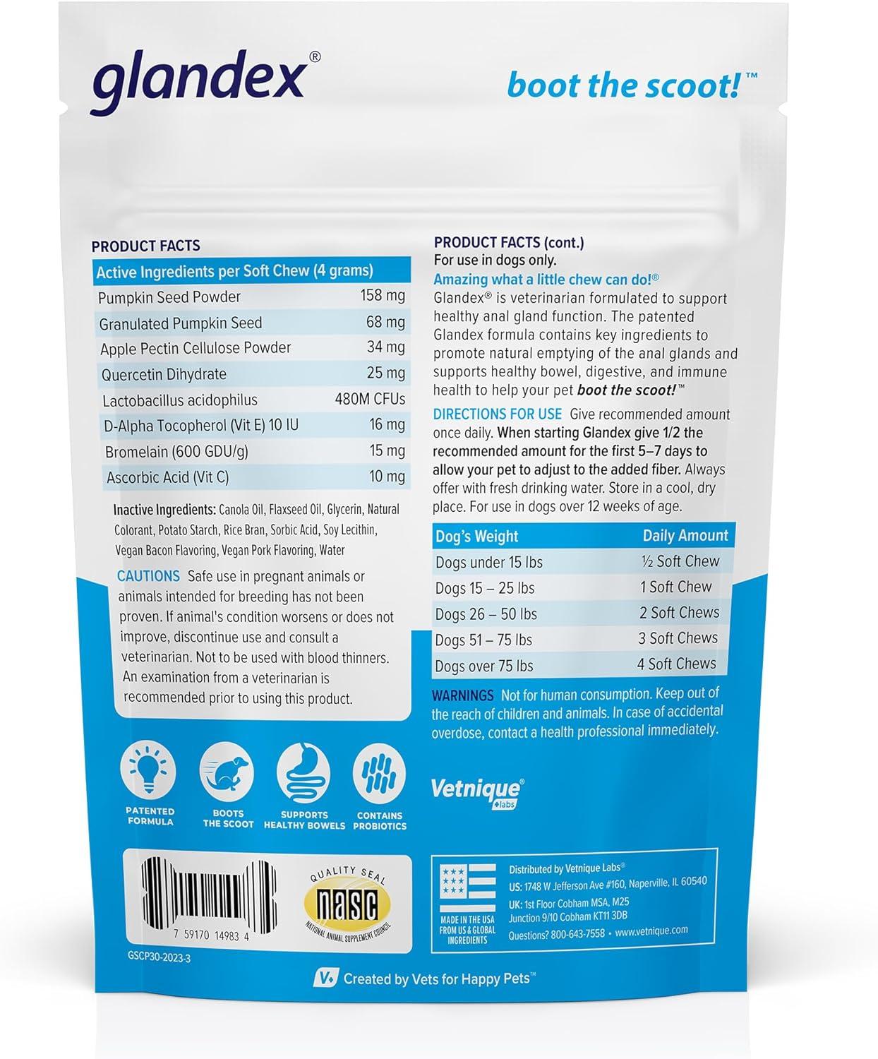 imageVetnique Glandex Anal Gland Soft Chew Treats with Pumpkin for Dogs Digestive Enzymes Probiotics Fiber Supplement for Dogs Boot The Scoot Advanced Strength DuckBacon Chews Veg 30 CountBaconPork Chews
