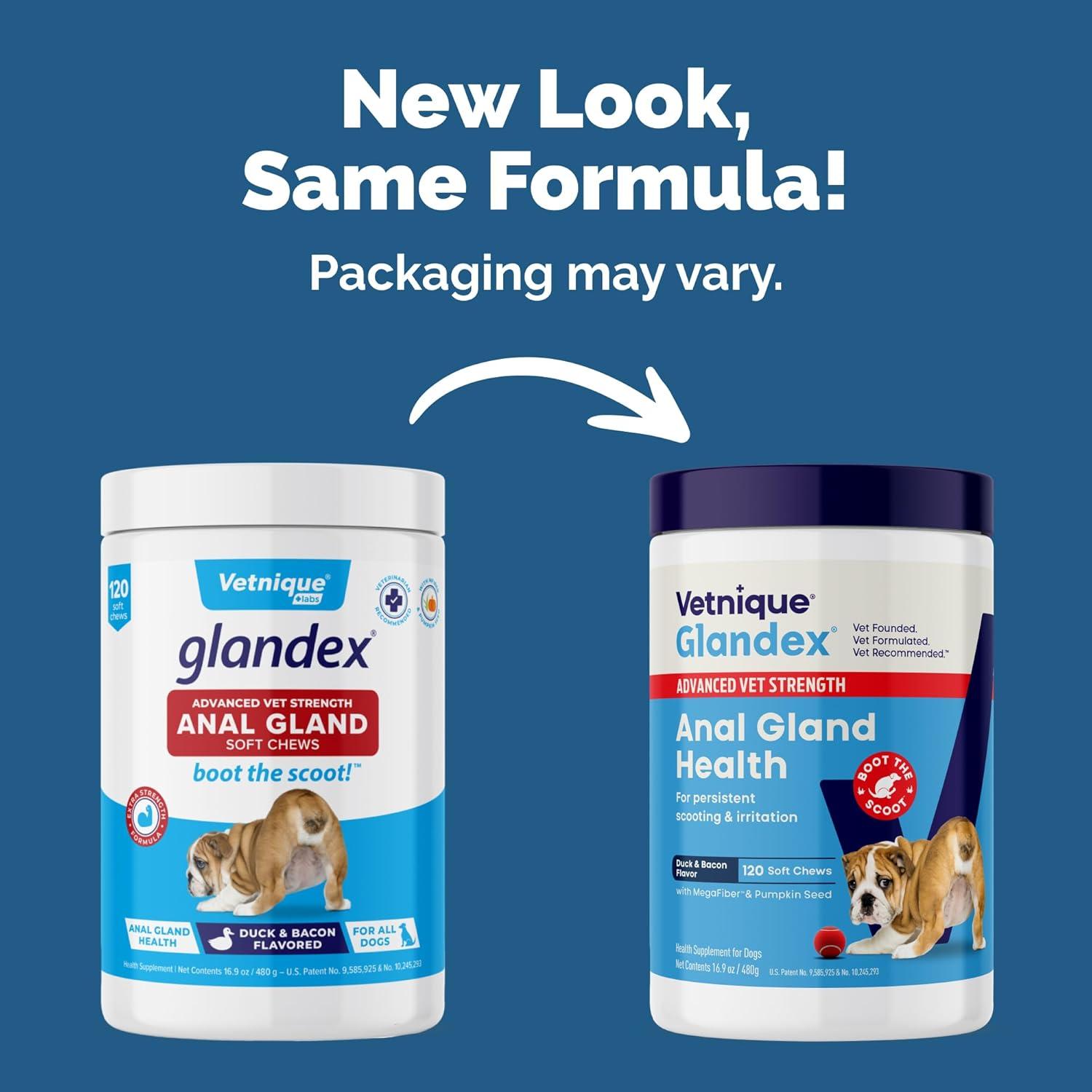 imageVetnique Glandex Anal Gland Soft Chew Treats with Pumpkin for Dogs Digestive Enzymes Probiotics Fiber Supplement for Dogs Boot The Scoot Advanced Strength DuckBacon Chews Veg 30 CountAdvanced Strength DuckBacon Chews Vegetarian